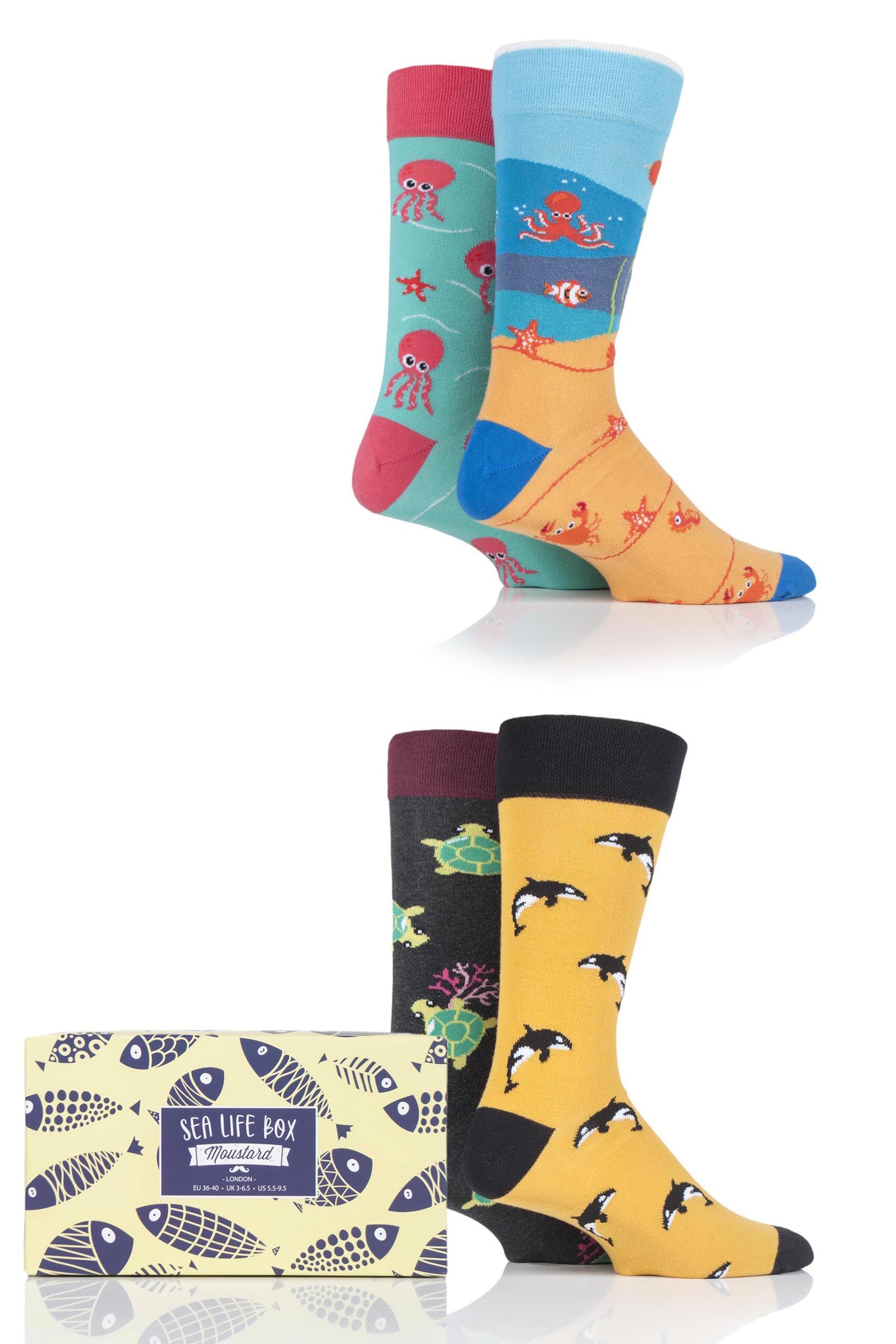 Image of 4 Pair Multi Sea Life Collection Gift Boxed Cotton Socks Unisex 3-6.5 Unisex - Moustard