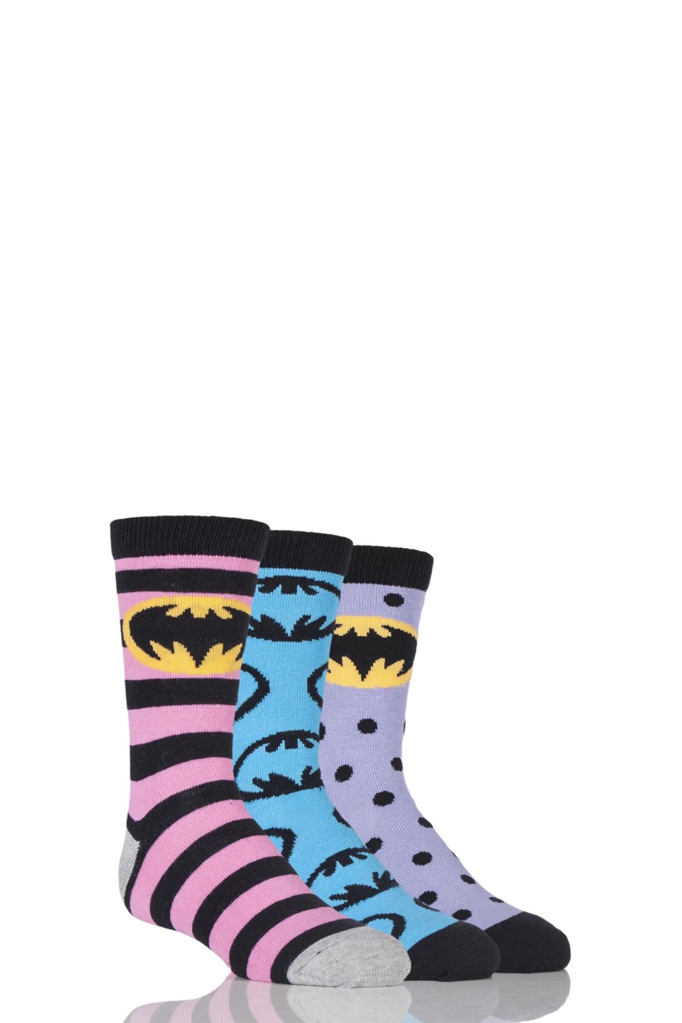 3 Pair Batman / Batgirl Striped, Spotty and All Over Motif Cotton Socks Girls 