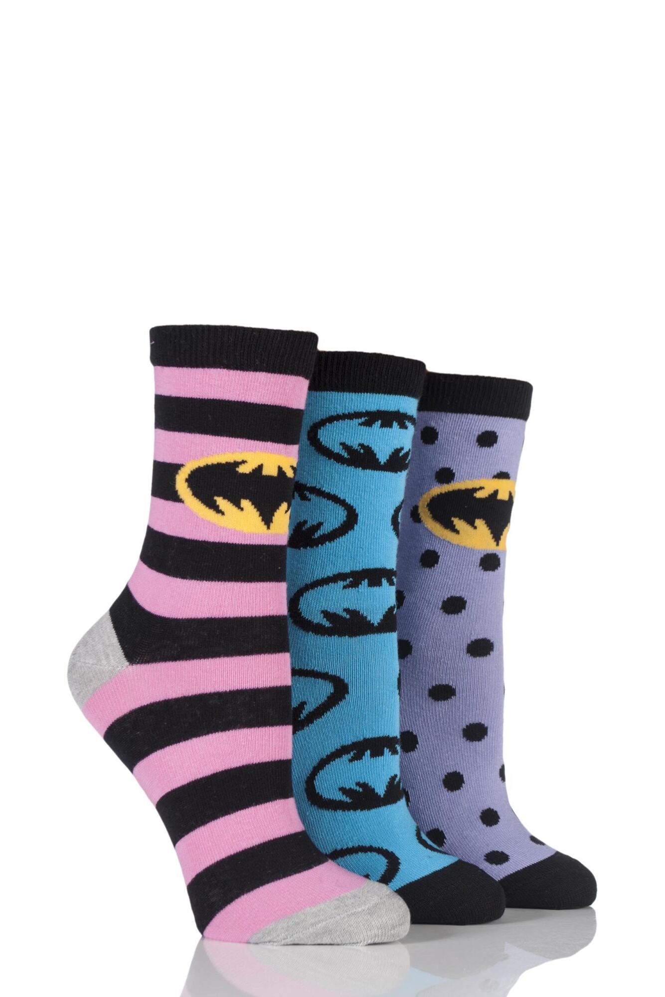  Ladies 3 Pair SockShop Batman / Batgirl Striped, Spotty and All Over Motif Cotton Socks