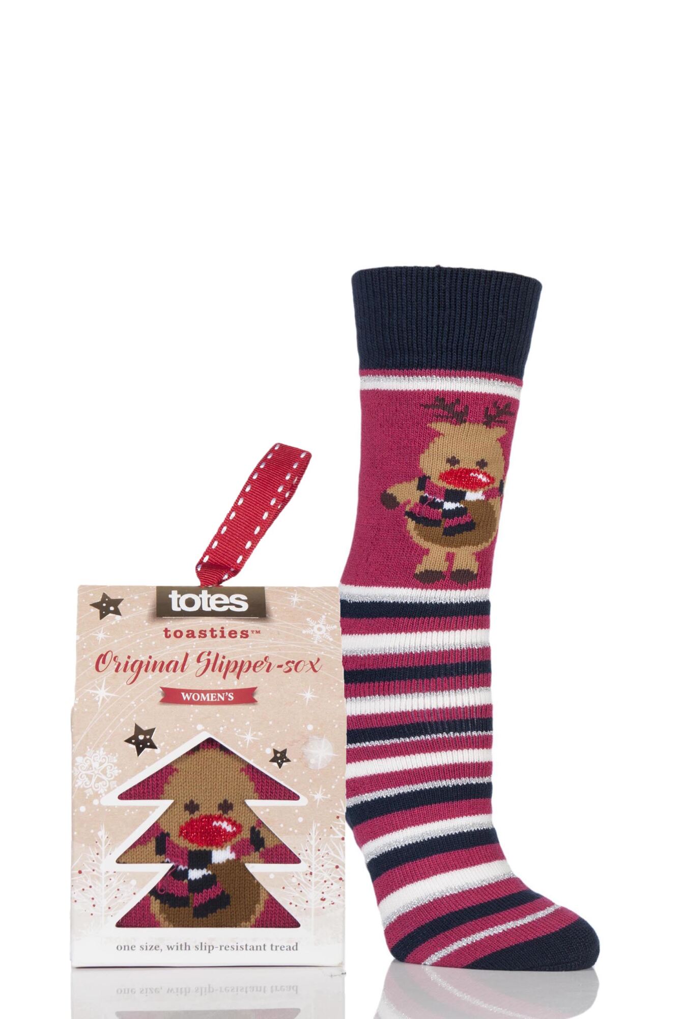 1 Pair Original Christmas Novelty Reindeer Stripe Slipper Socks with Grip Ladies - Totes