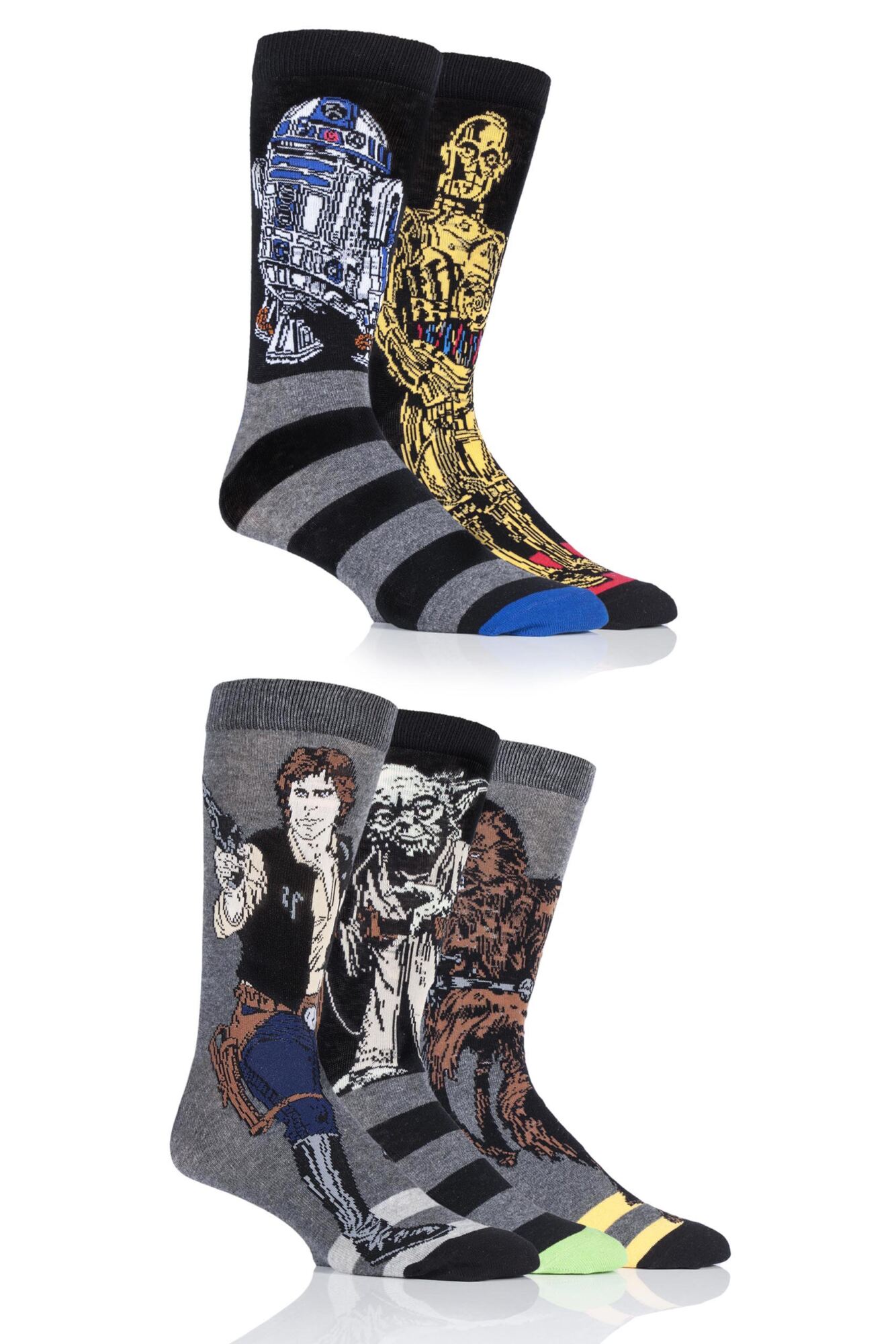 5 Pair Disney Star Wars Heroes Yoda, Chewbacca, C-3P0, R2-D2 and Han Solo Socks Men's - Film & TV Characters