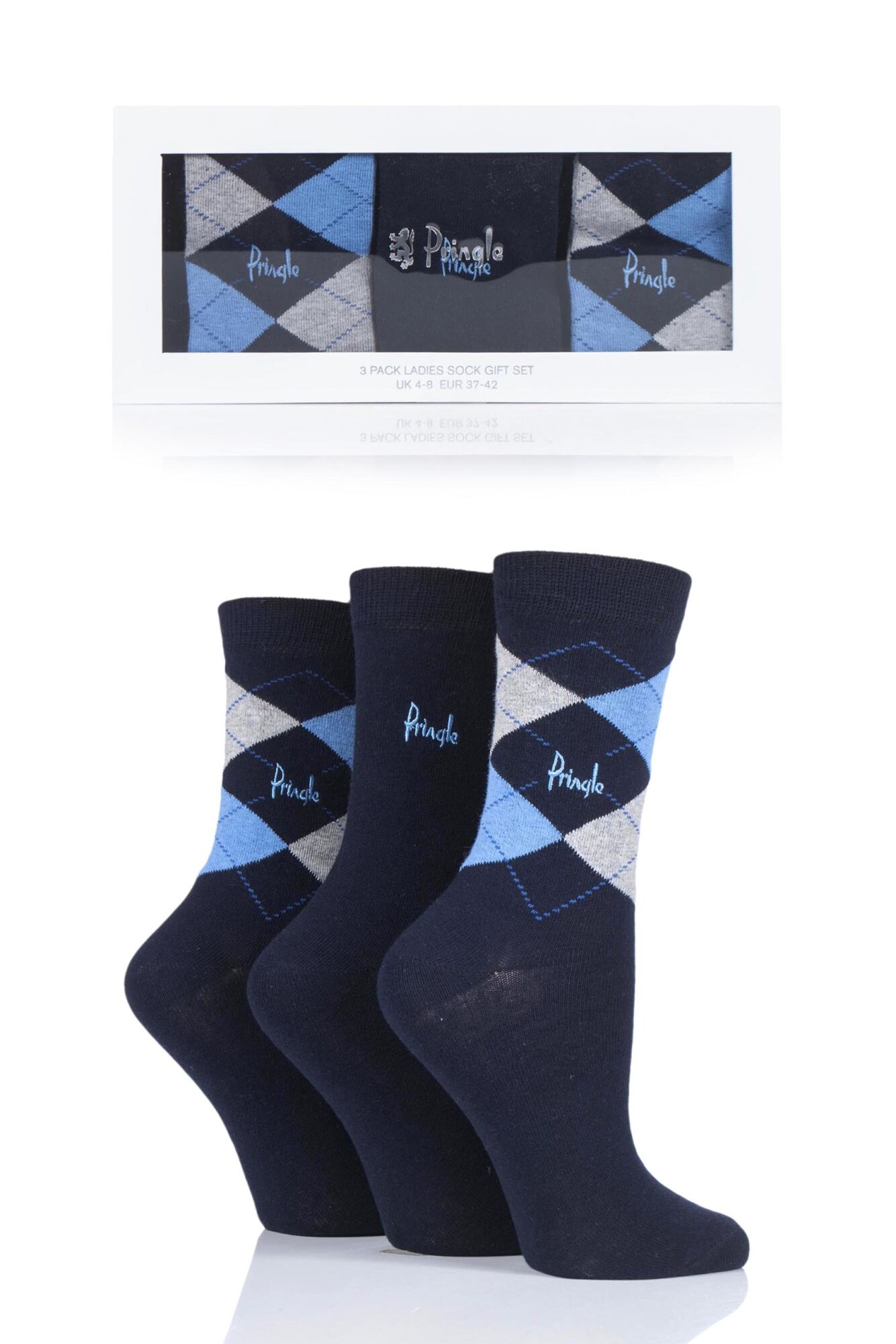 3 Pair Gift Boxed Louise Plain and Argyle Cotton Socks Ladies - Pringle