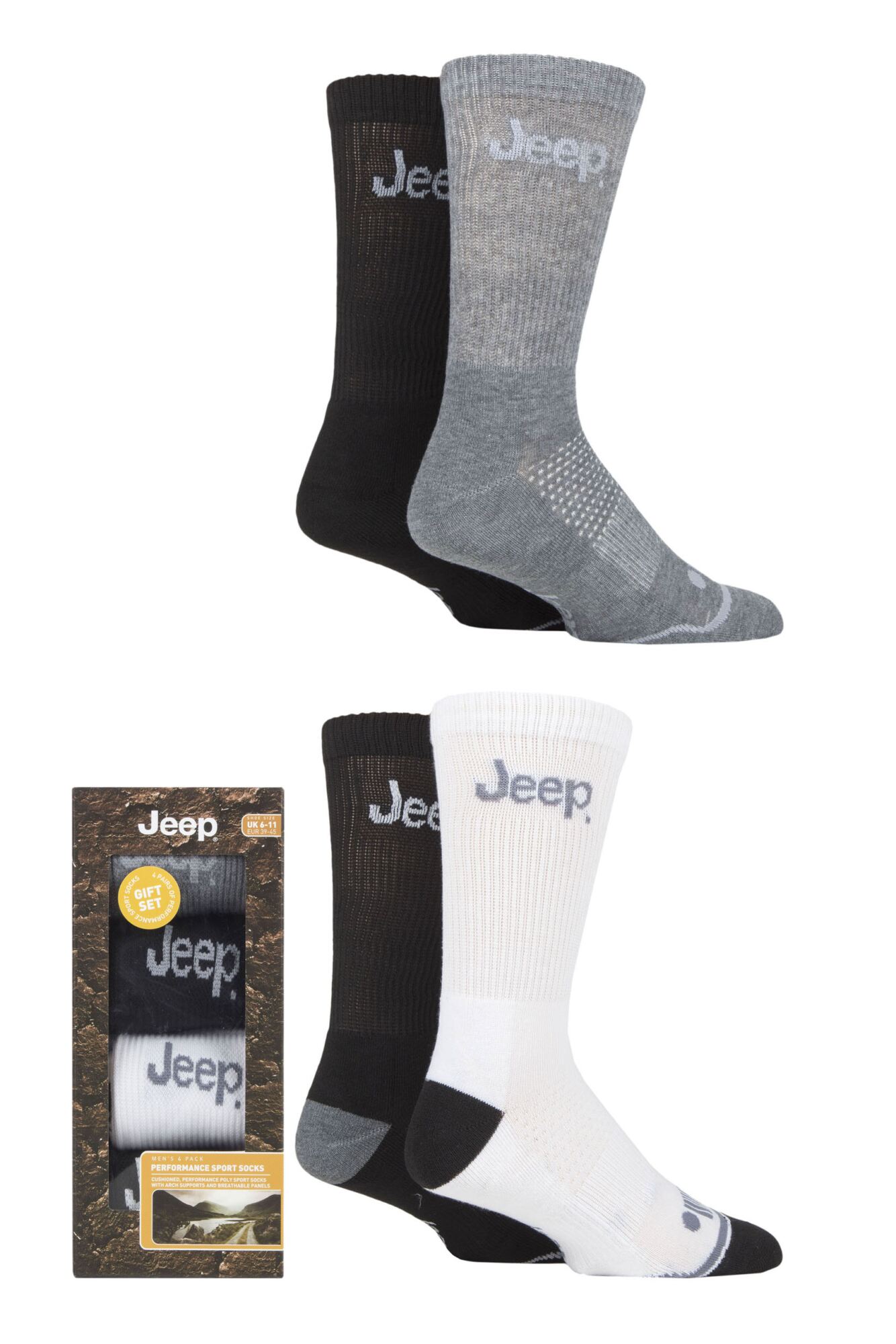 Mens 4 Pair Jeep Performance Cushioned Sports Socks Gift Box from