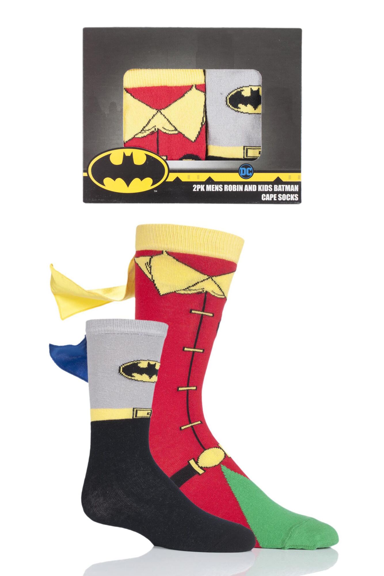 2 Pair Adult and Childs Batman and Robin Gift Boxed Cape Socks Kids Unisex - Film & TV Characters