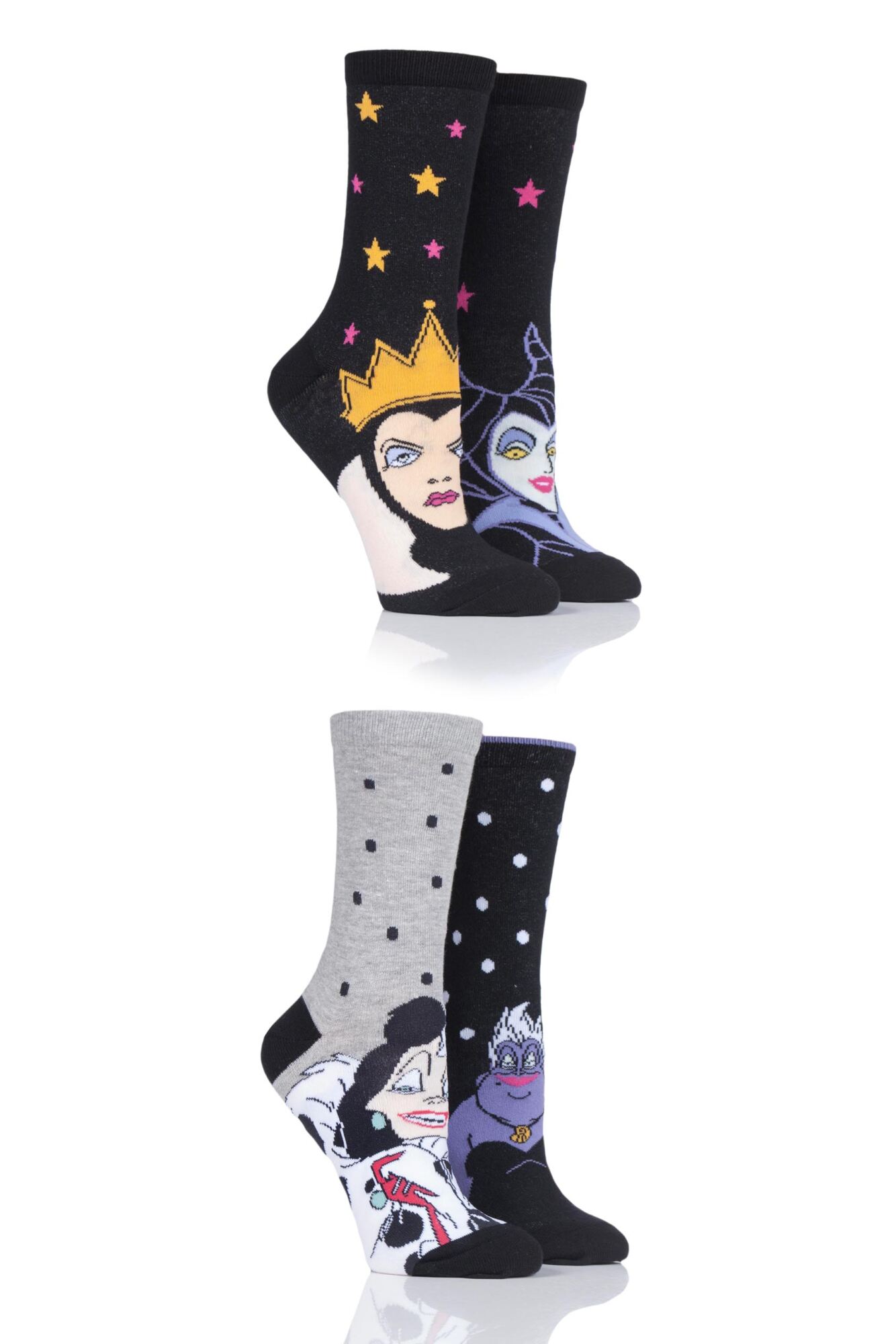  Ladies 4 Pair SOCKSHOP Disney Villains Ursula, Evil Queen, Maleficent and Cruella De Vil Socks