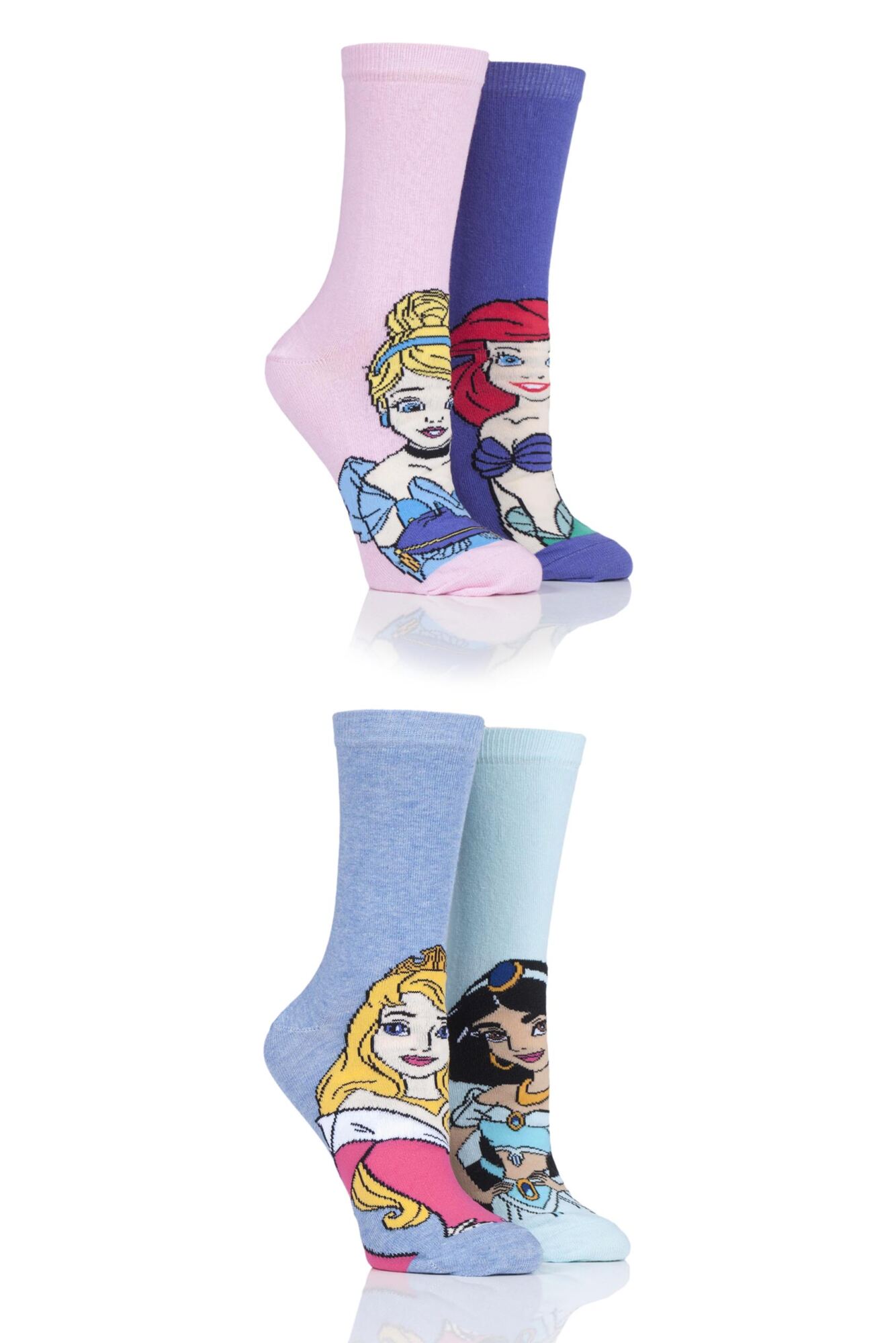  Ladies 4 Pair SOCKSHOP Disney Princesses Sleeping Beauty, Cinderella, Jasmine and Ariel Socks