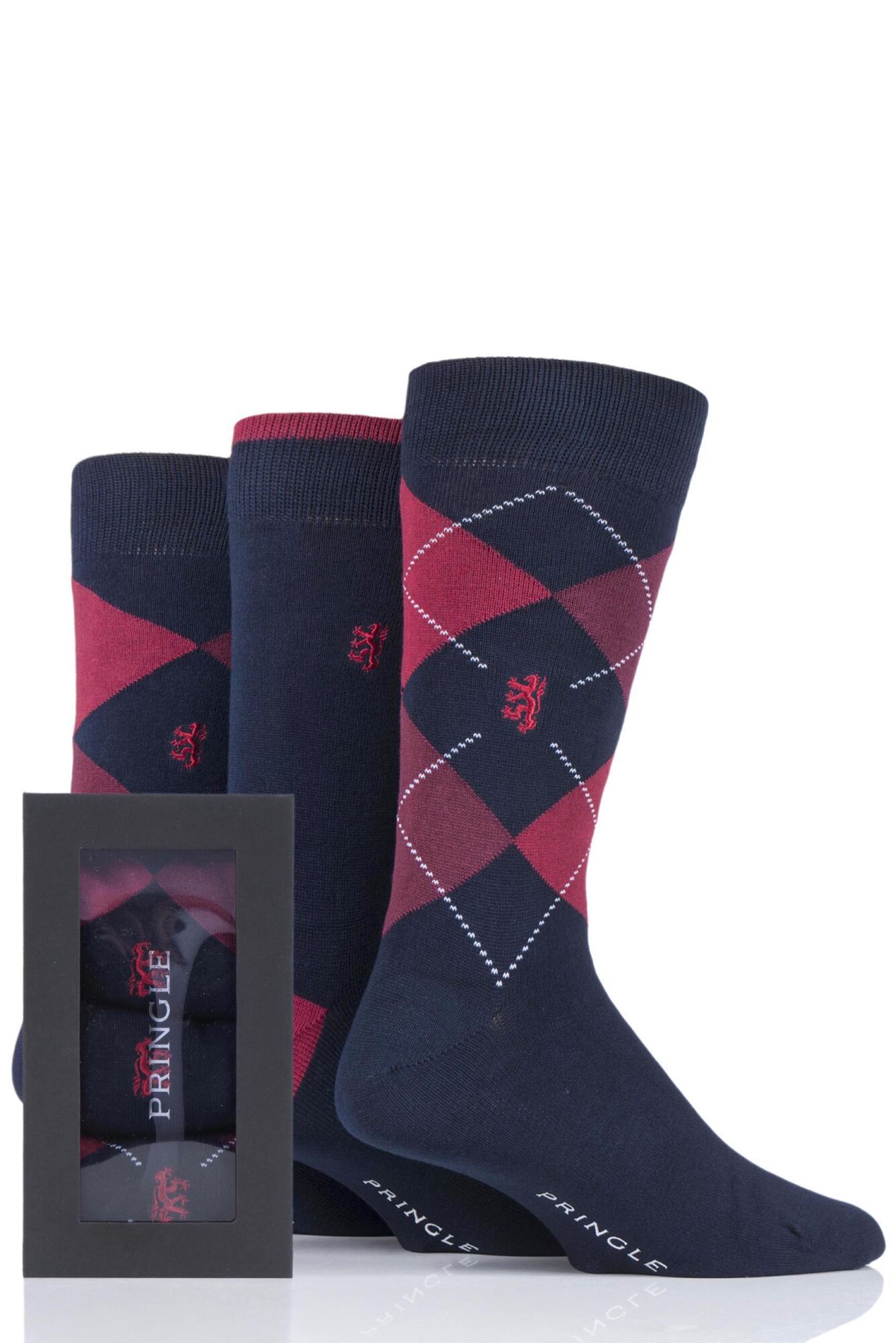  Mens 3 Pair Pringle of Scotland Gift Boxed Argyle and Plain Bamboo Socks