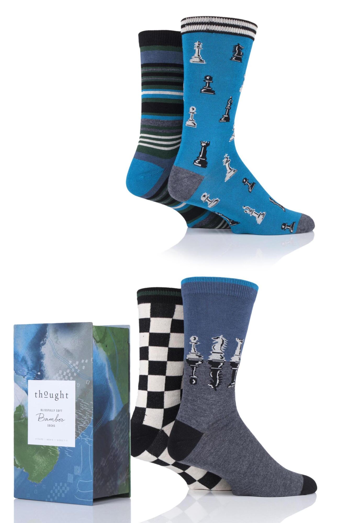  Mens 4 Pair Thought Chess Bamboo and Organic Cotton Gift Boxed Socks