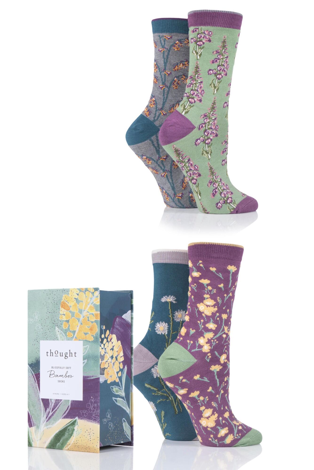 Ladies 4 Pair Thought Wildflowers Bamboo and Organic Cotton Gift Boxed Socks