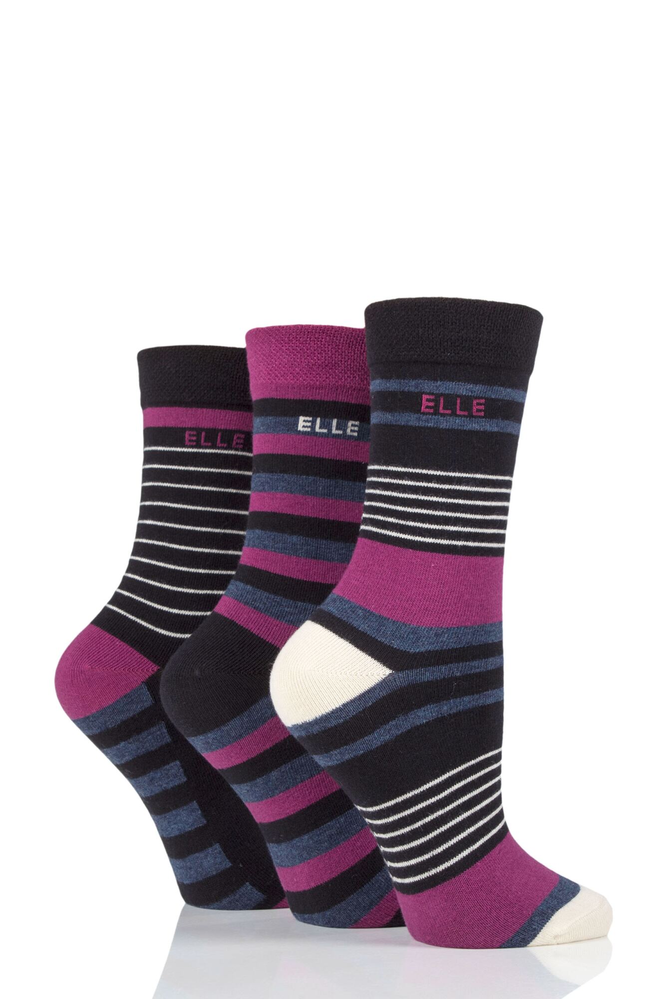 3 Pair Combed Cotton Plain, Stripe and Contrast Heel and Toe Ladies - Elle
