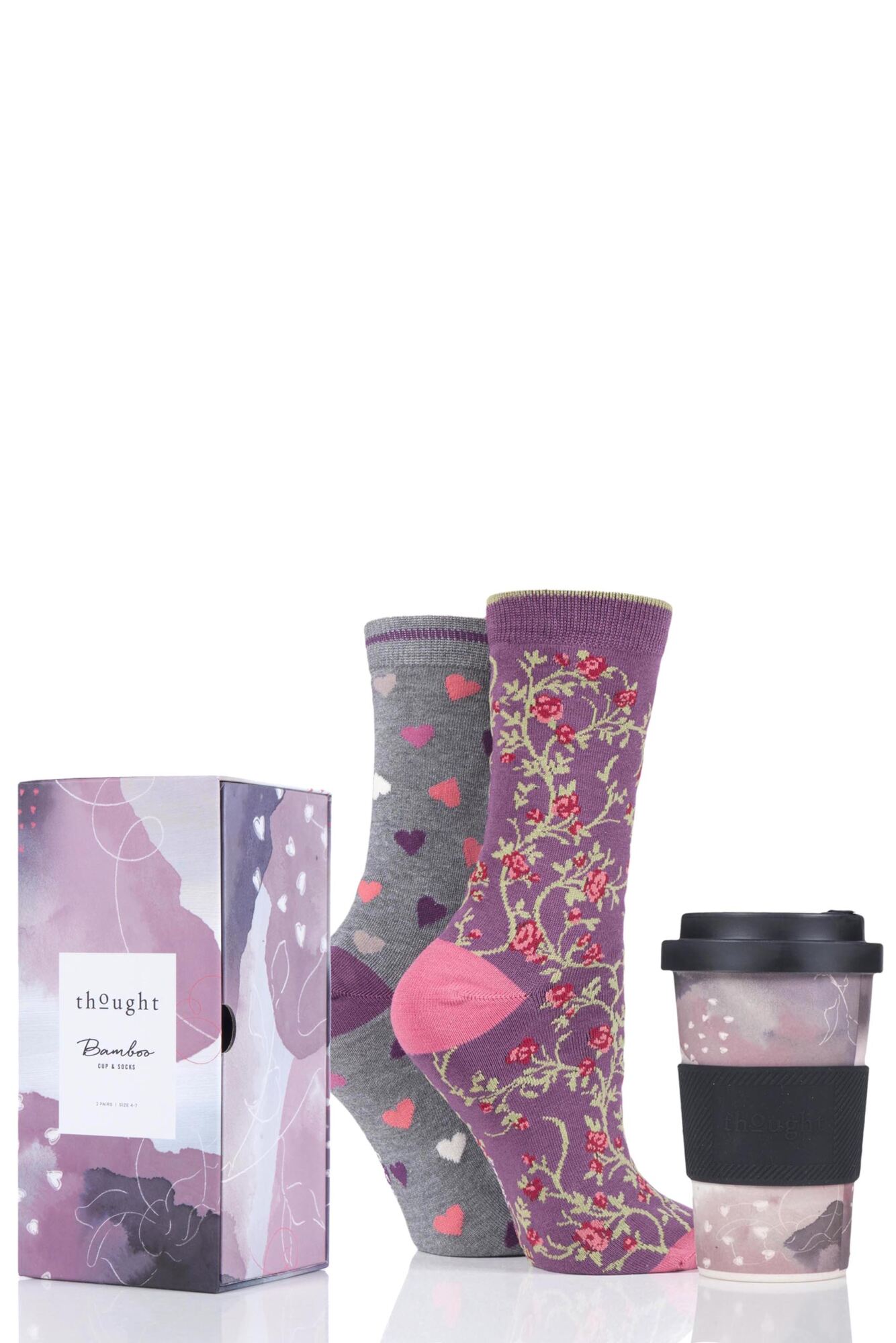 2 Pair Hearts Bamboo and Organic Cotton Socks with Bamboo Travel Cup Ladies - Thought