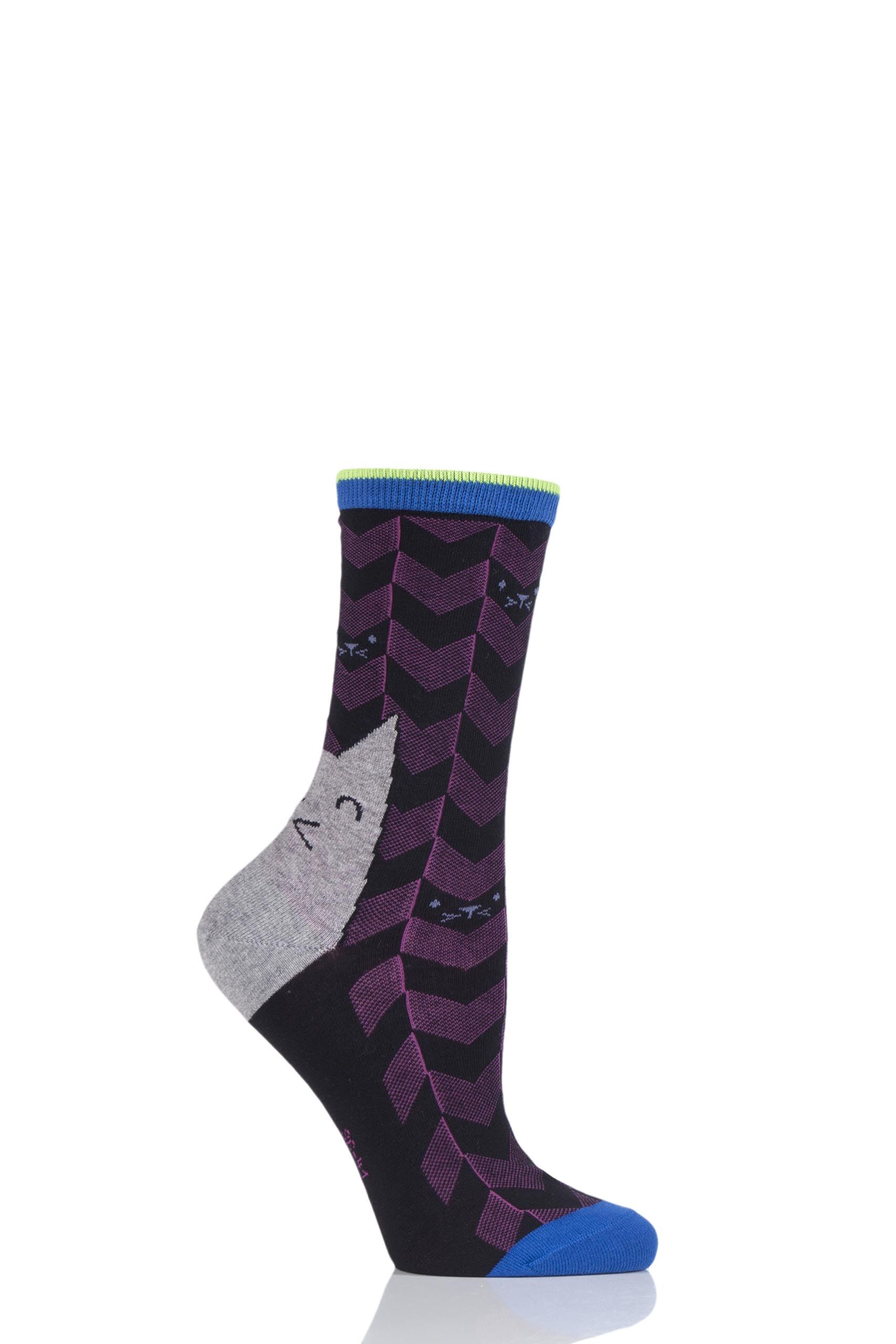 Image of 1 Pair Black Cat Face Cotton Socks Ladies 3.5-7 Ladies - Burlington