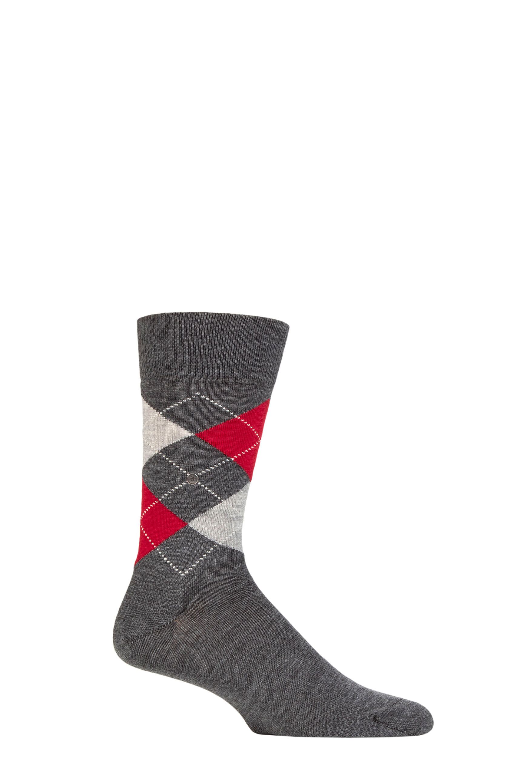 Mens 1 Pair Burlington Edinburgh Virgin Wool Argyle Socks Grey / Red 6.5-11 Mens