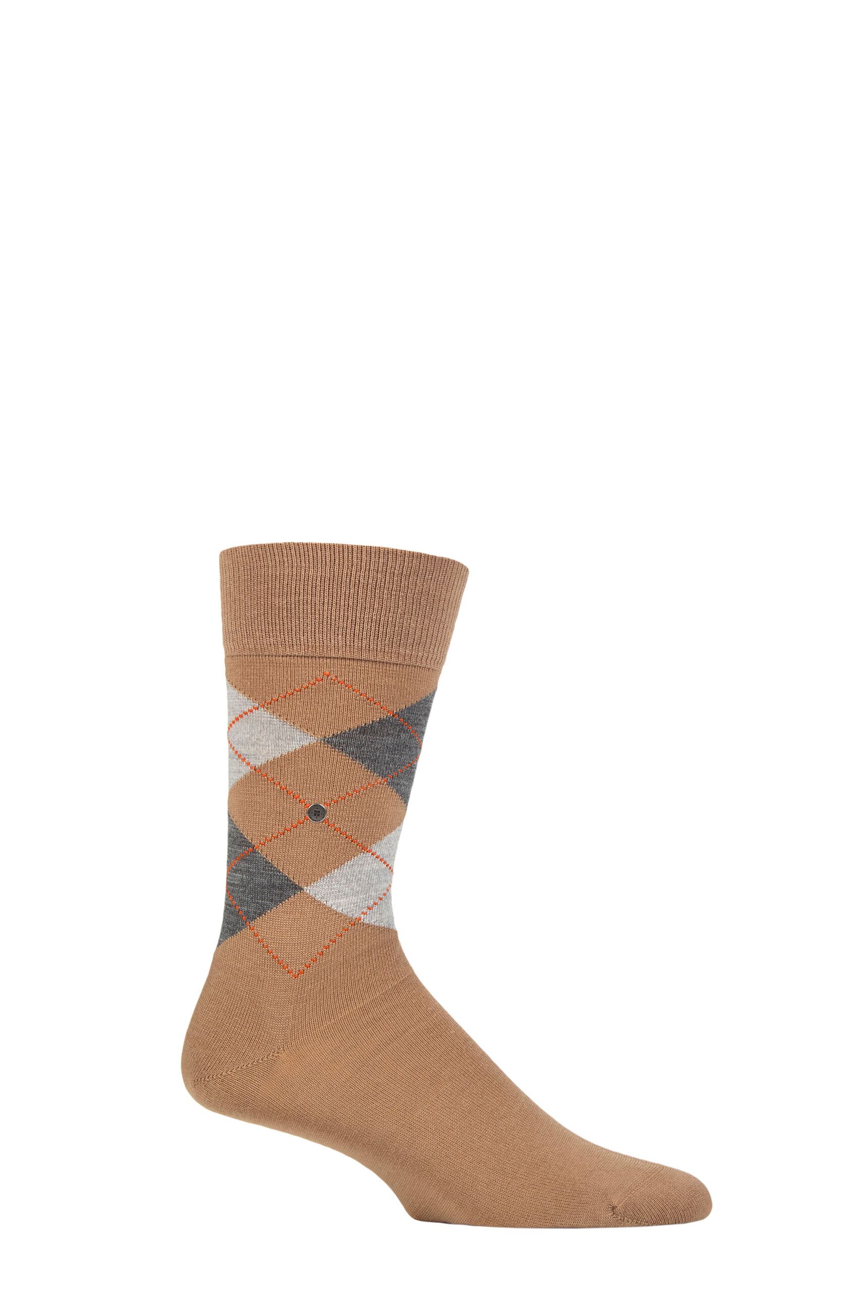 Mens 1 Pair Burlington Edinburgh Virgin Wool Argyle Socks Sand / Grey 6.5-11 Mens