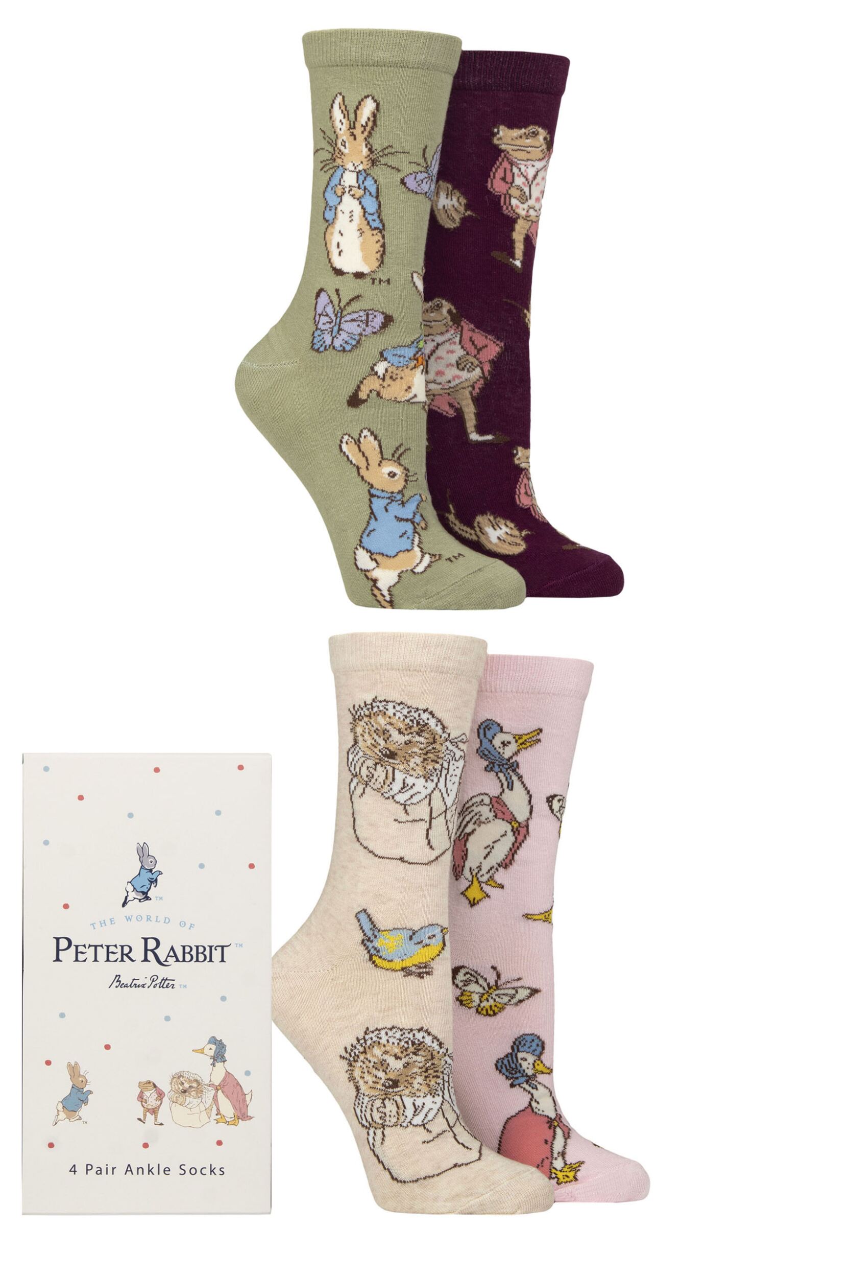 Image of Women’s 4 Pair SOCKSHOP Beatrix Potter Peter Rabbit, Mr. Jeremy Fisher, Mrs. Tiggy-Winkle and Jemima Puddle-Duck Gift Boxed Socks Multi 4-8 Women's