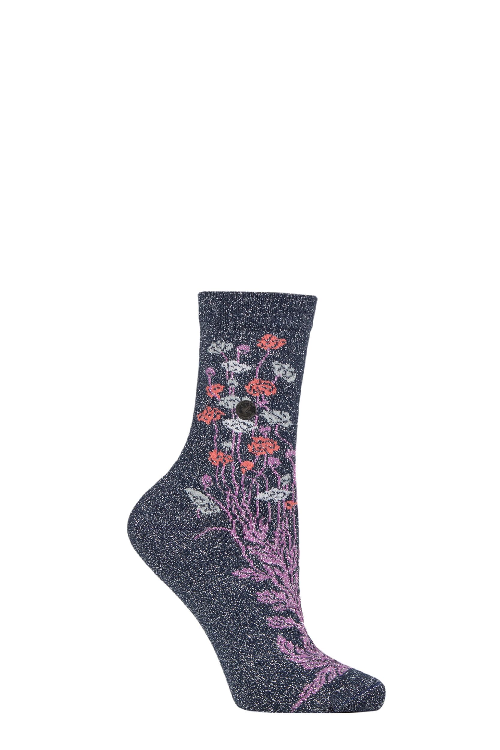Women's 1 Pair Birkenstock Cotton Bling Flower Pattern Socks Blue 3.5-5 Ladies