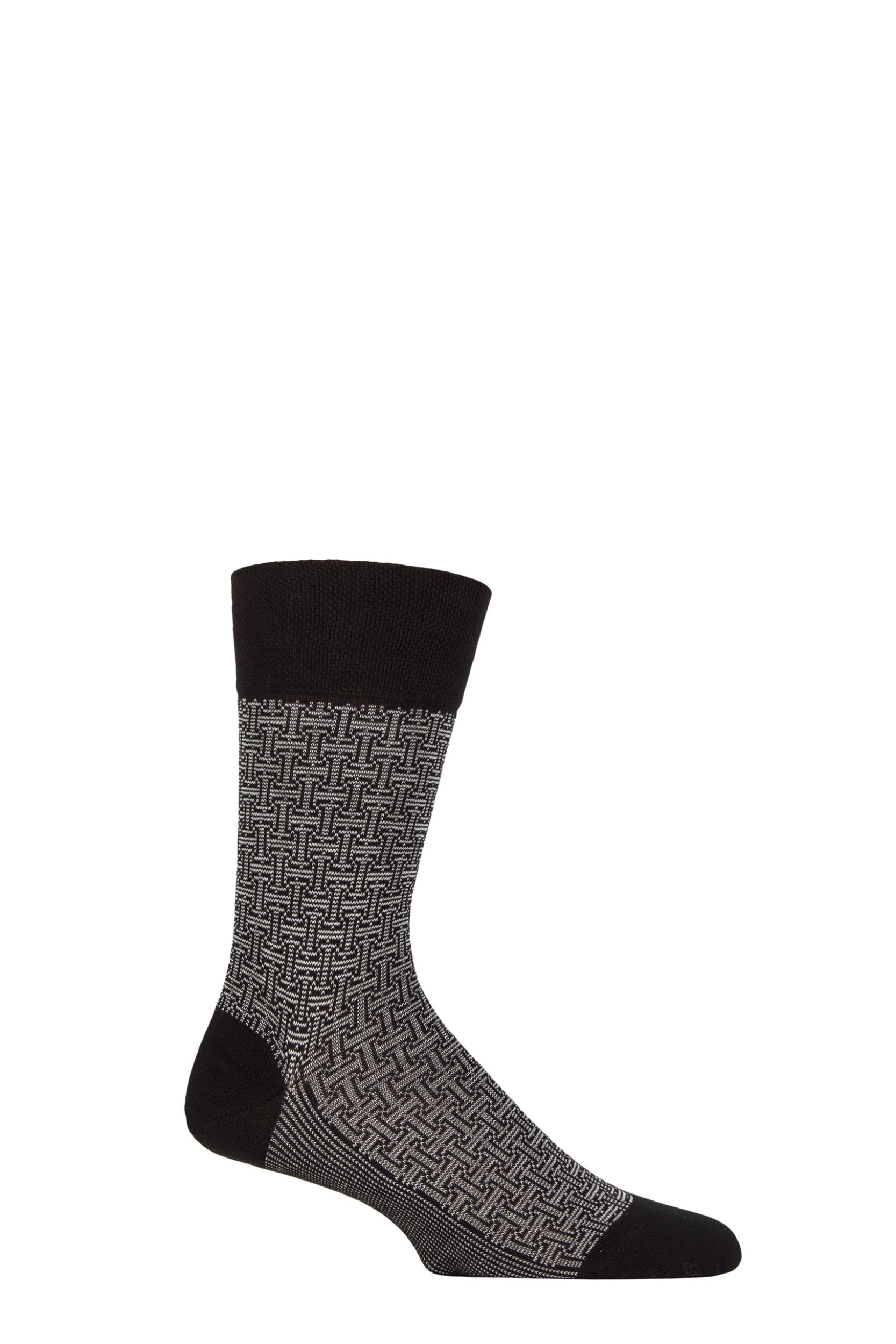 Image of Mens 1 Pair Falke Sensitive London Cotton Patterned Left and Right Socks With Comfort Cuff Black Mens