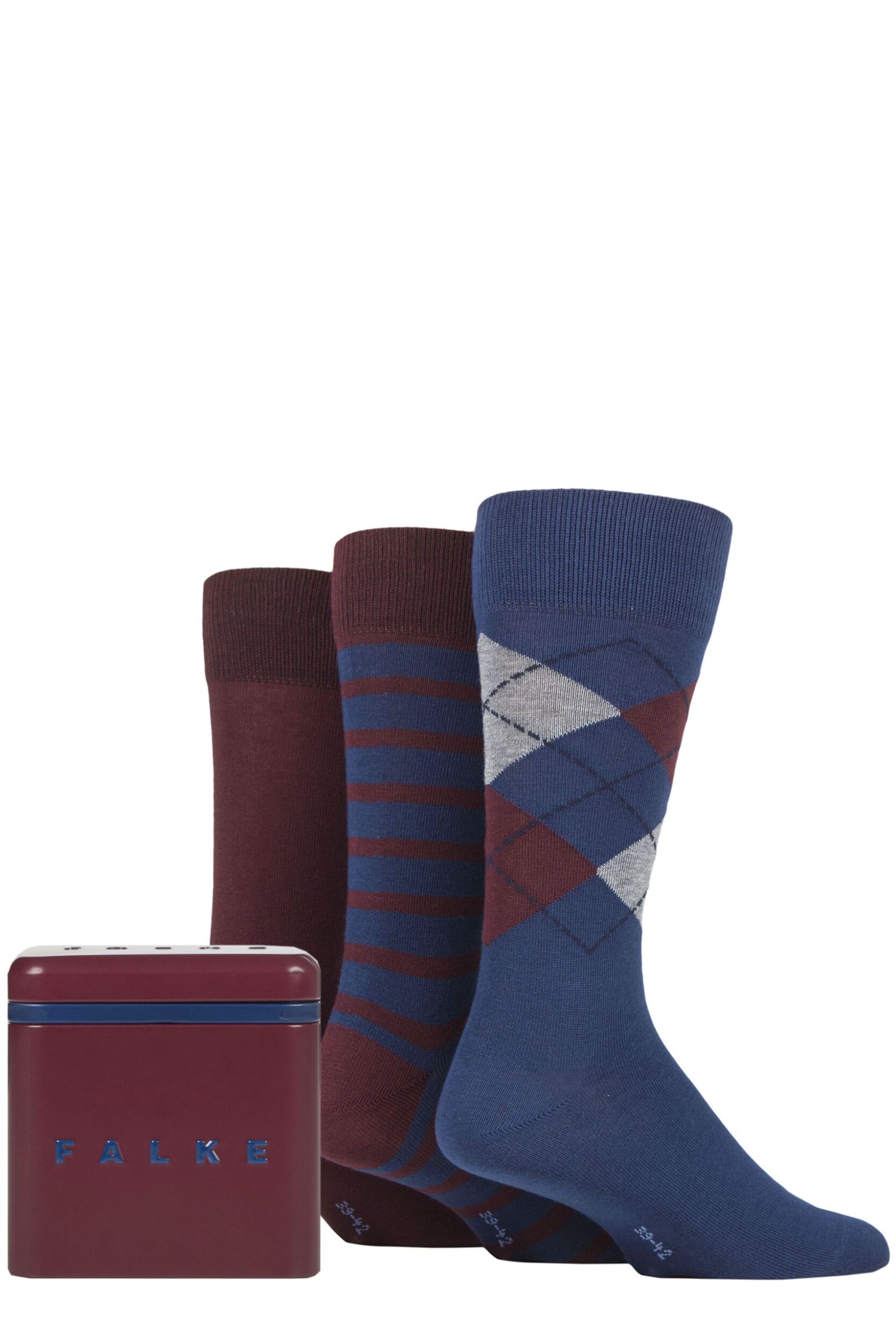 Mens 3 Pair Falke Gift Boxed Patterned Cotton Socks Plain / Argyle / Stripe 8.5-11 Mens