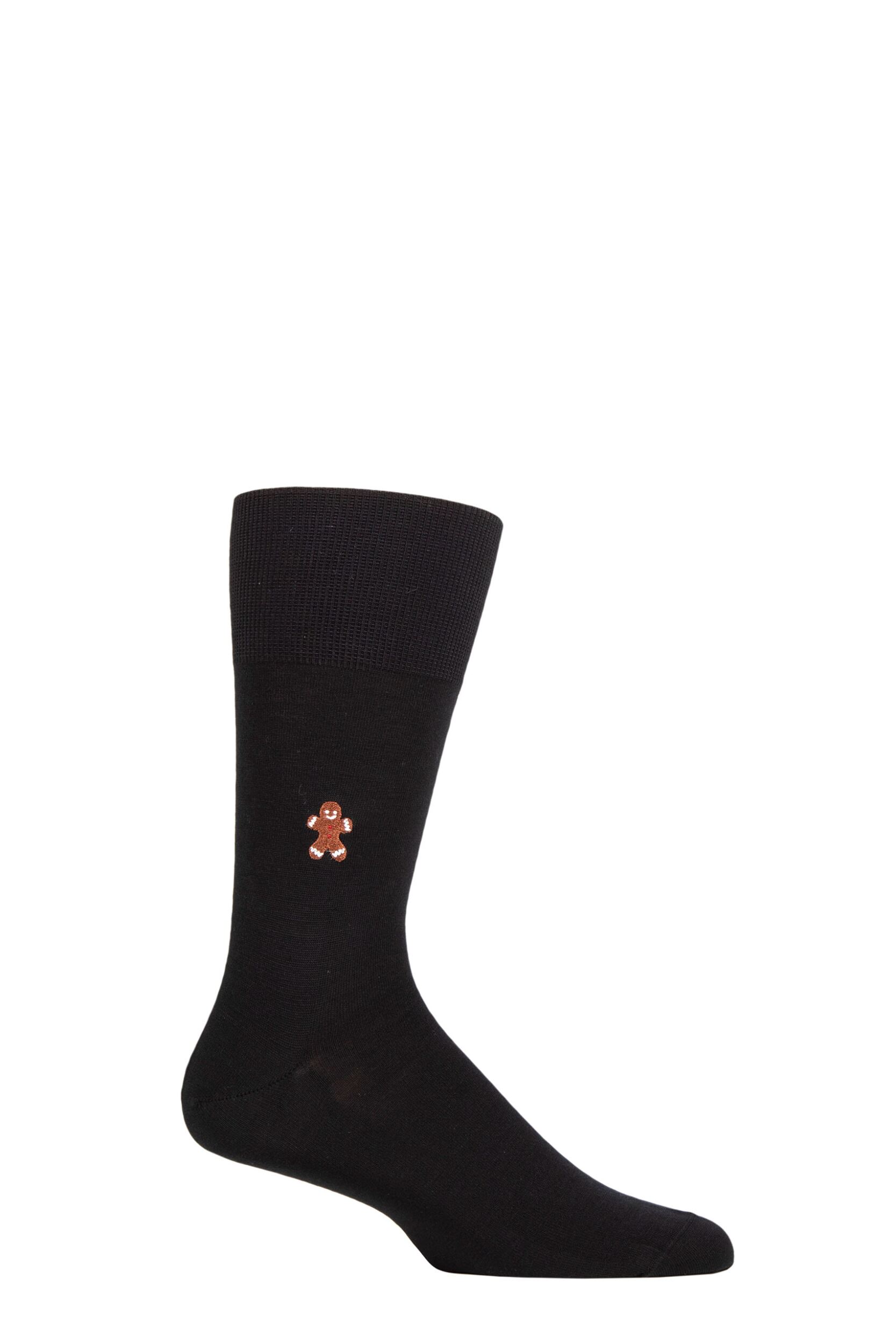 Mens 1 Pair Falke Airport Gingerbread Man Embroidered Wool Cotton Socks Black 5.5-6.5 Mens