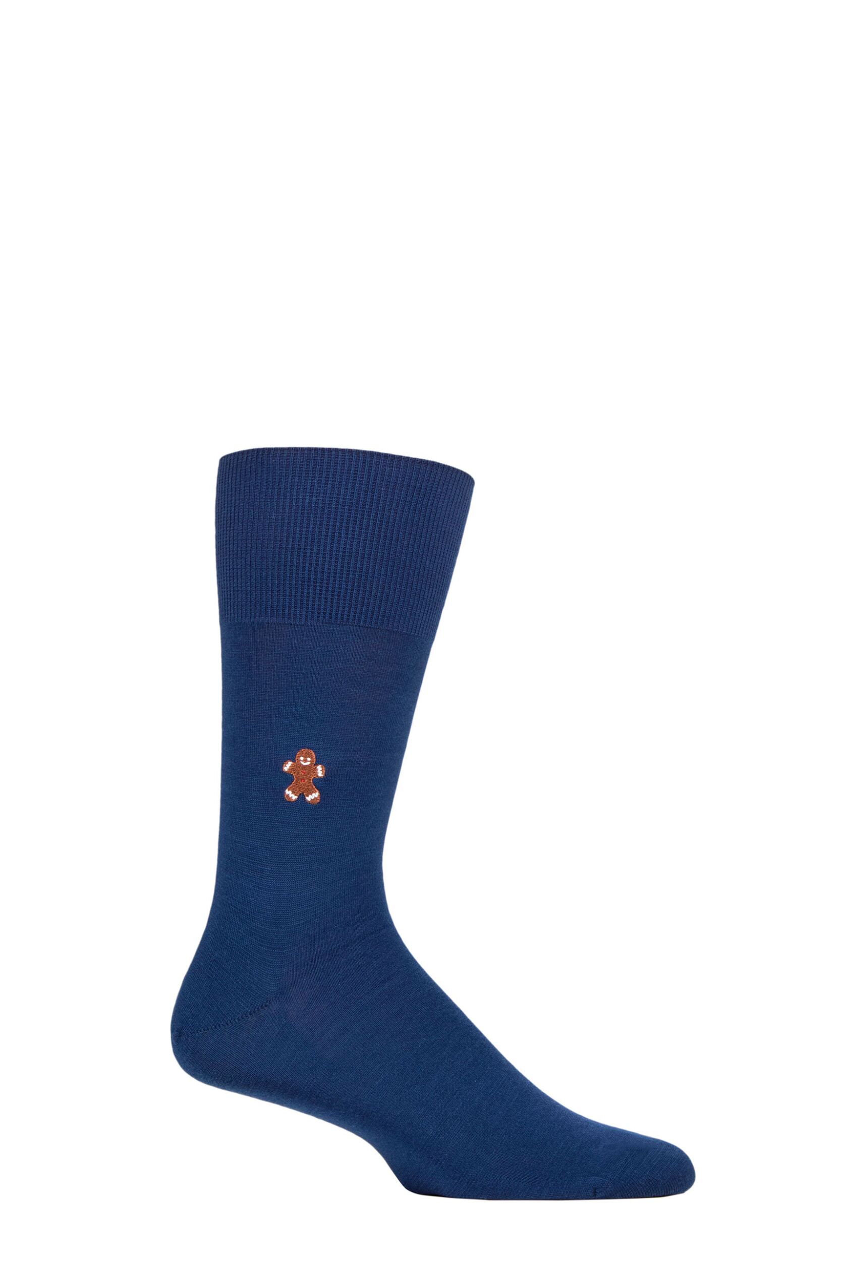 Mens 1 Pair Falke Airport Gingerbread Man Embroidered Wool Cotton Socks Royal Blue 7-8 Mens
