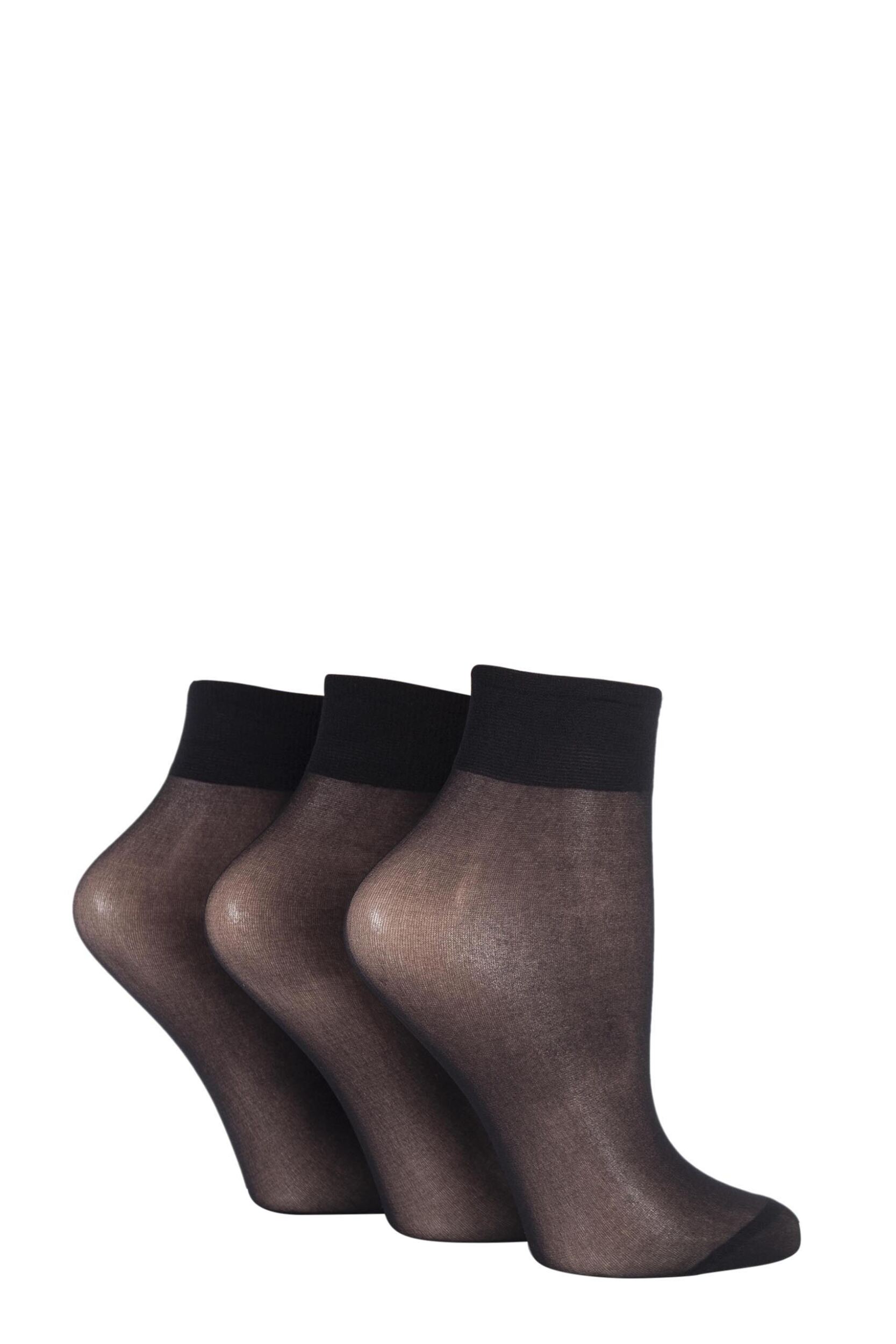 3 Pair Black 15 Denier 100% Nylon Ankle Highs Ladies 4-8 Ladies - Elle