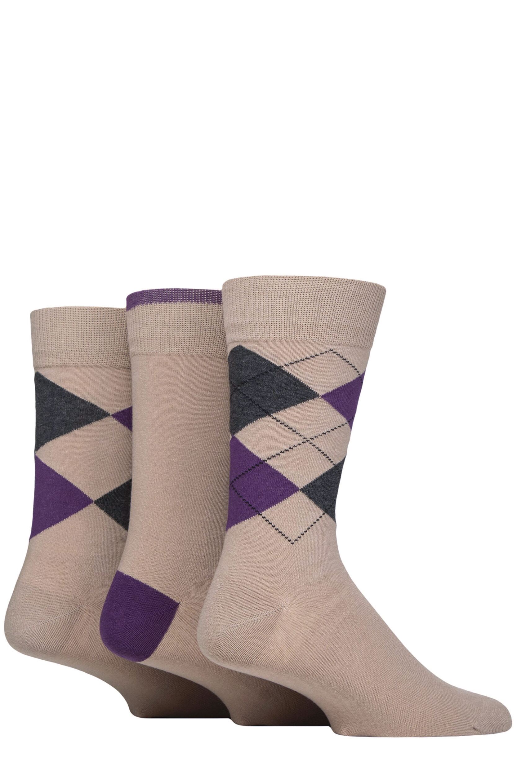 Mens 3 Pair Glenmuir New Waverley Cotton Argyle Patterned and Plain Socks Beige 7-11 Mens