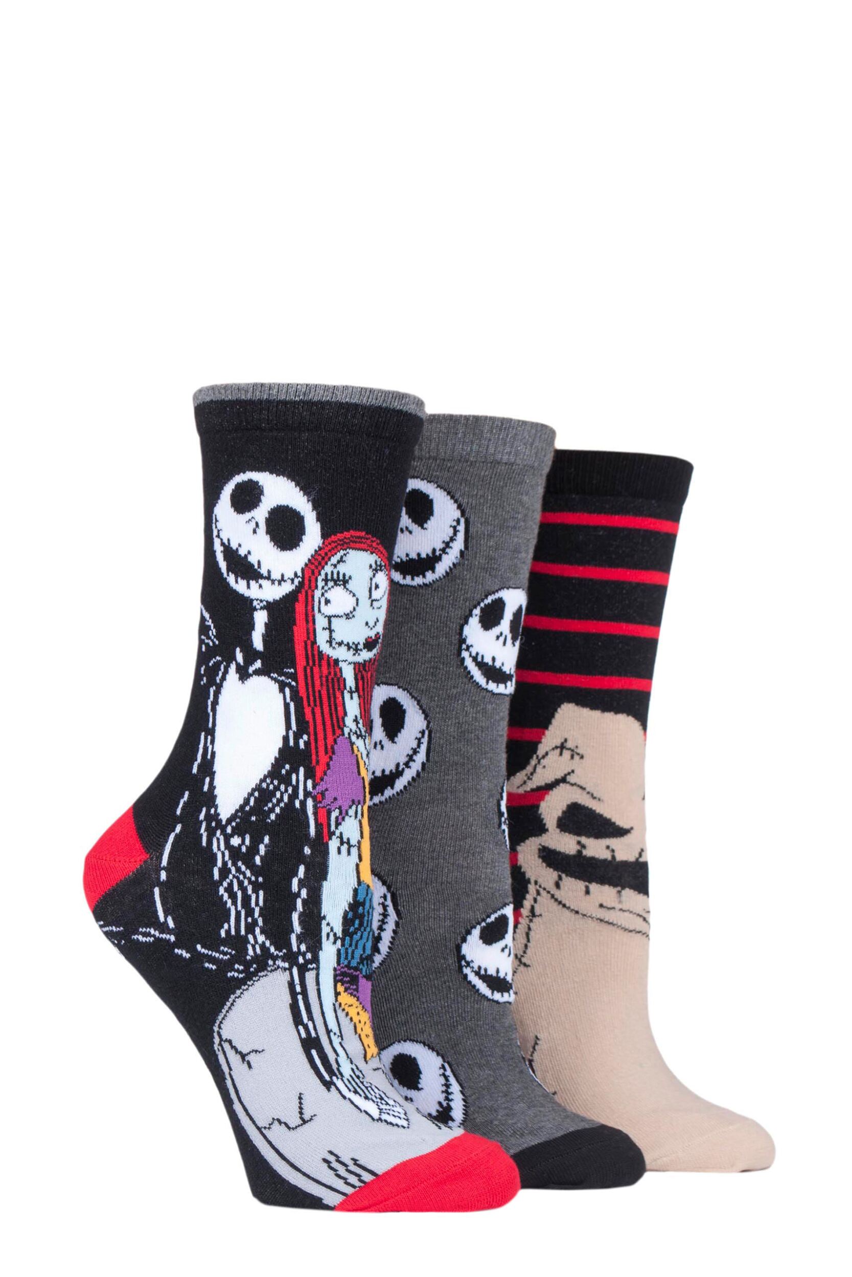Image of 3 Pair Assorted Disney The Nightmare Before Christmas Cotton Socks Ladies 4-8 Ladies - Film & TV Characters