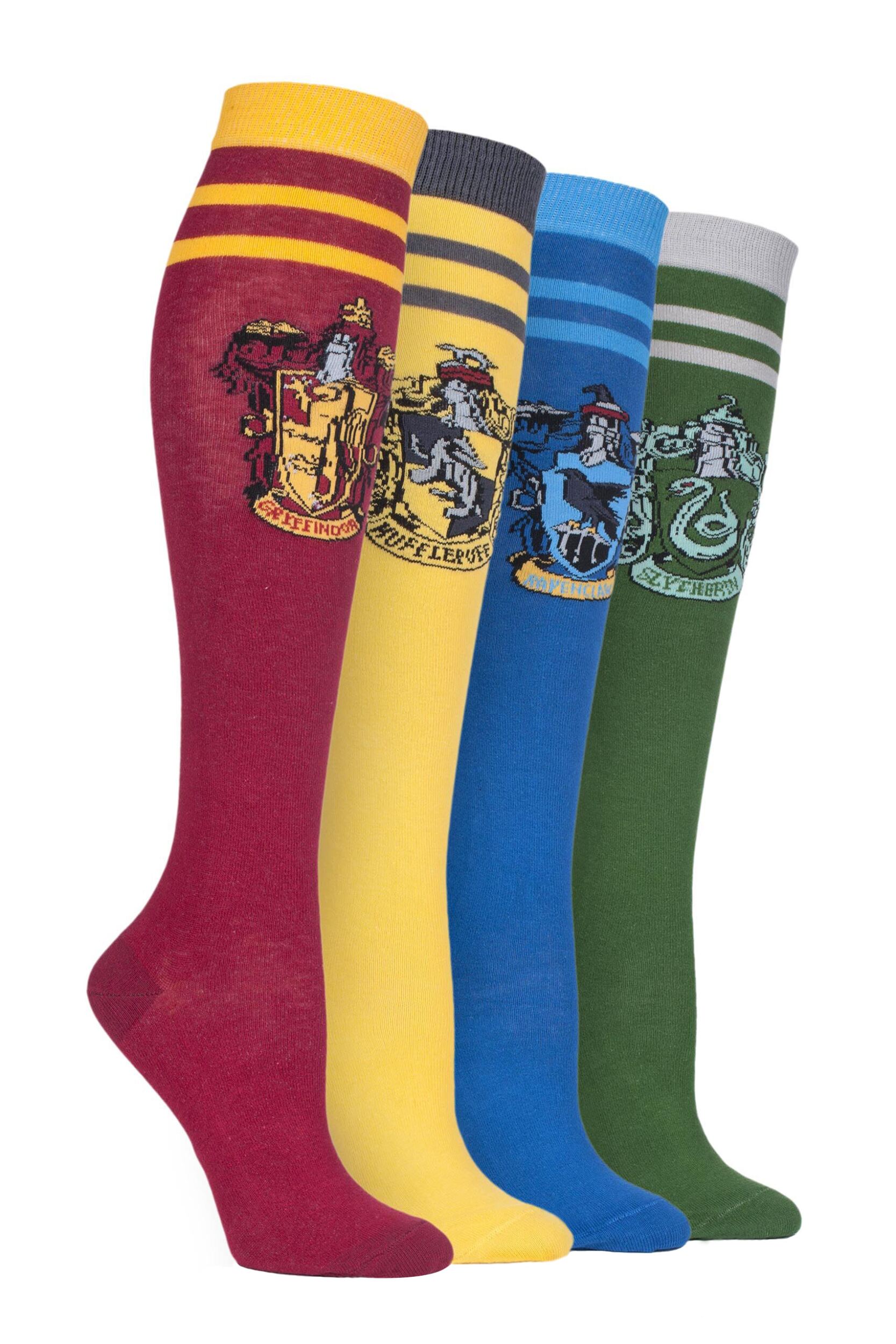 Image of 4 Pair Assorted Harry Potter House Badges Cotton Knee High Socks Ladies 4-8 Ladies - Film & TV Characters