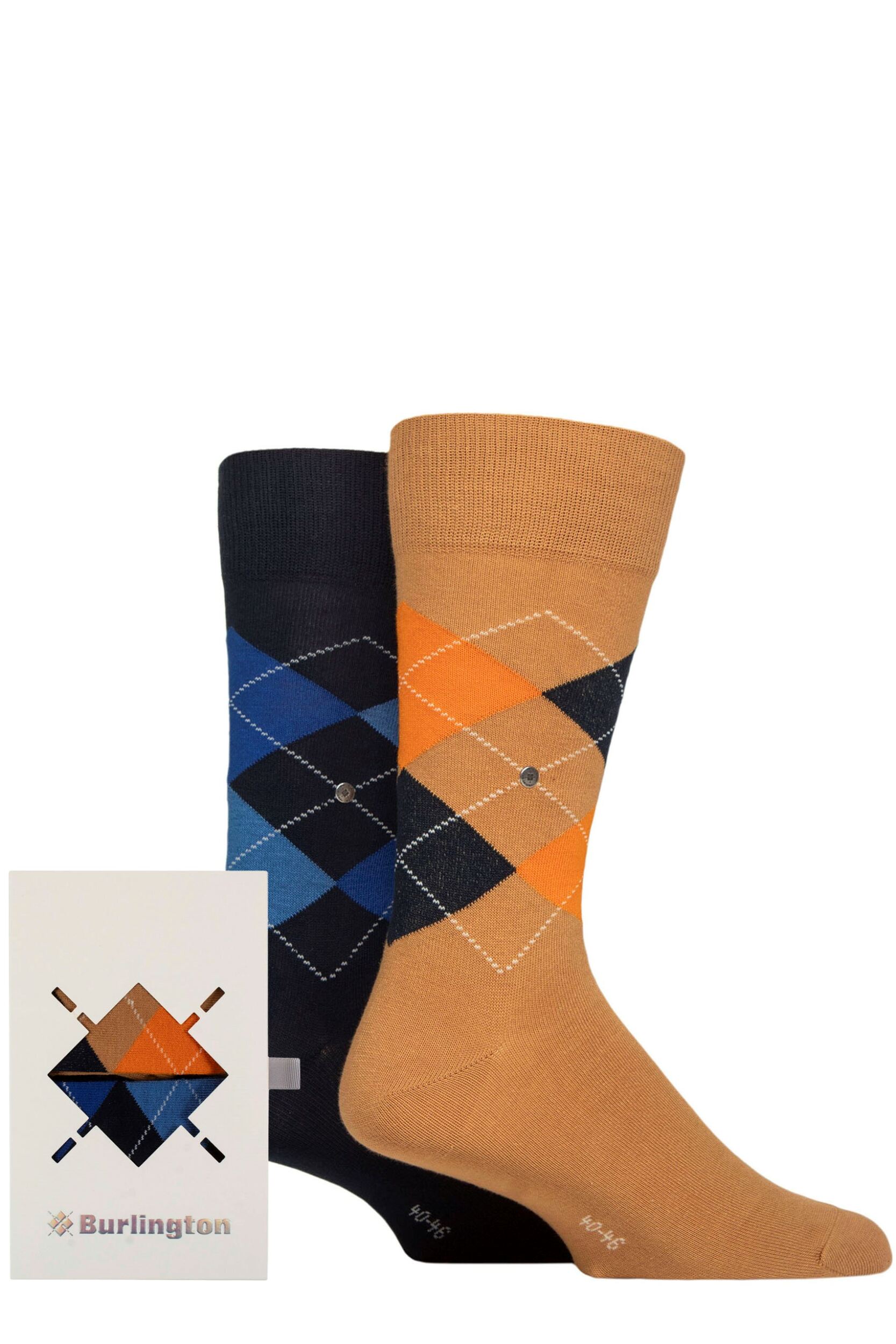 Mens 2 Pair Burlington Argyle Gift Boxed Cotton Socks Navy / Brown 40-46