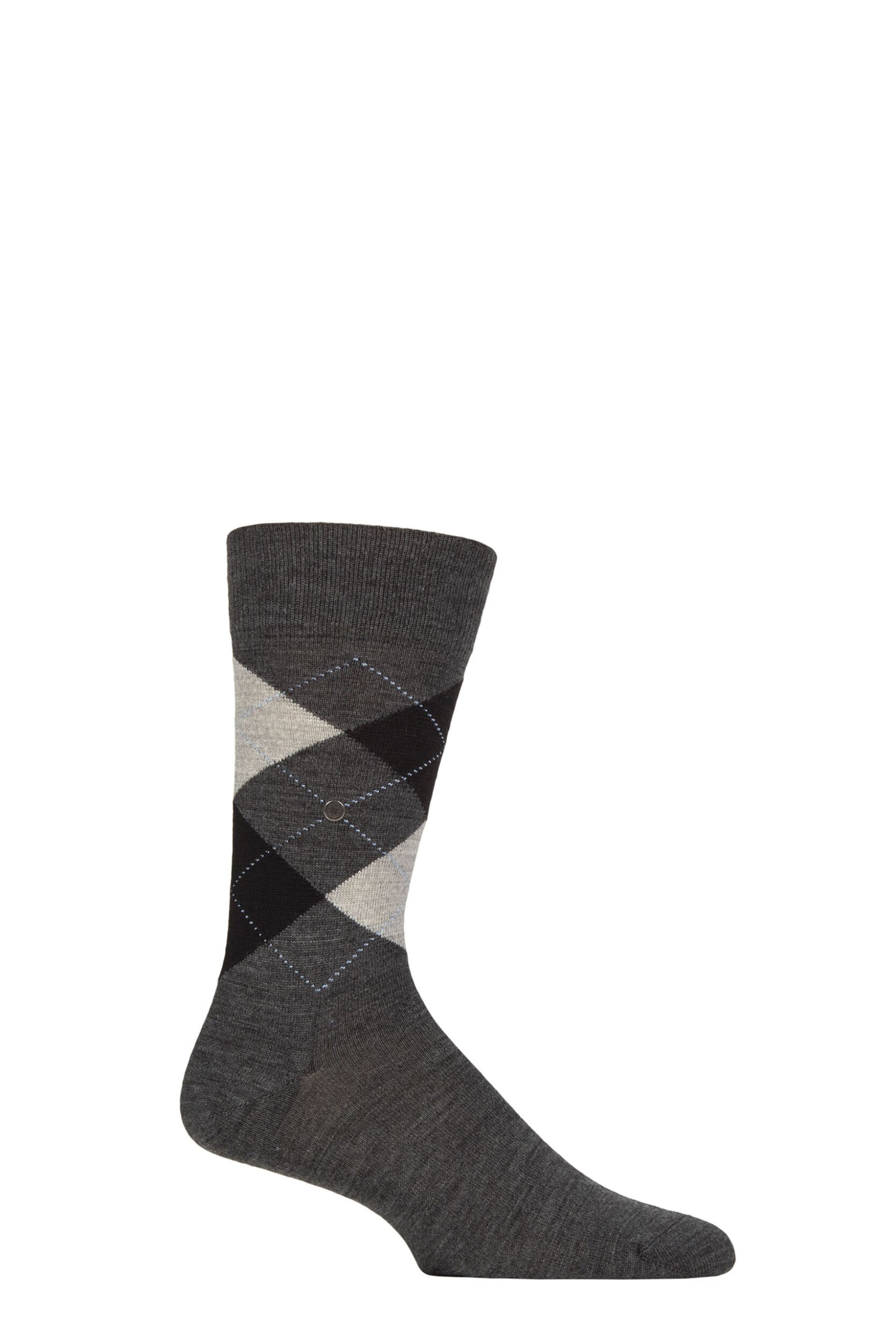 Image of Mens 1 Pair Burlington Edinburgh Virgin Wool Argyle Socks Grey Black 6.5-11 Mens