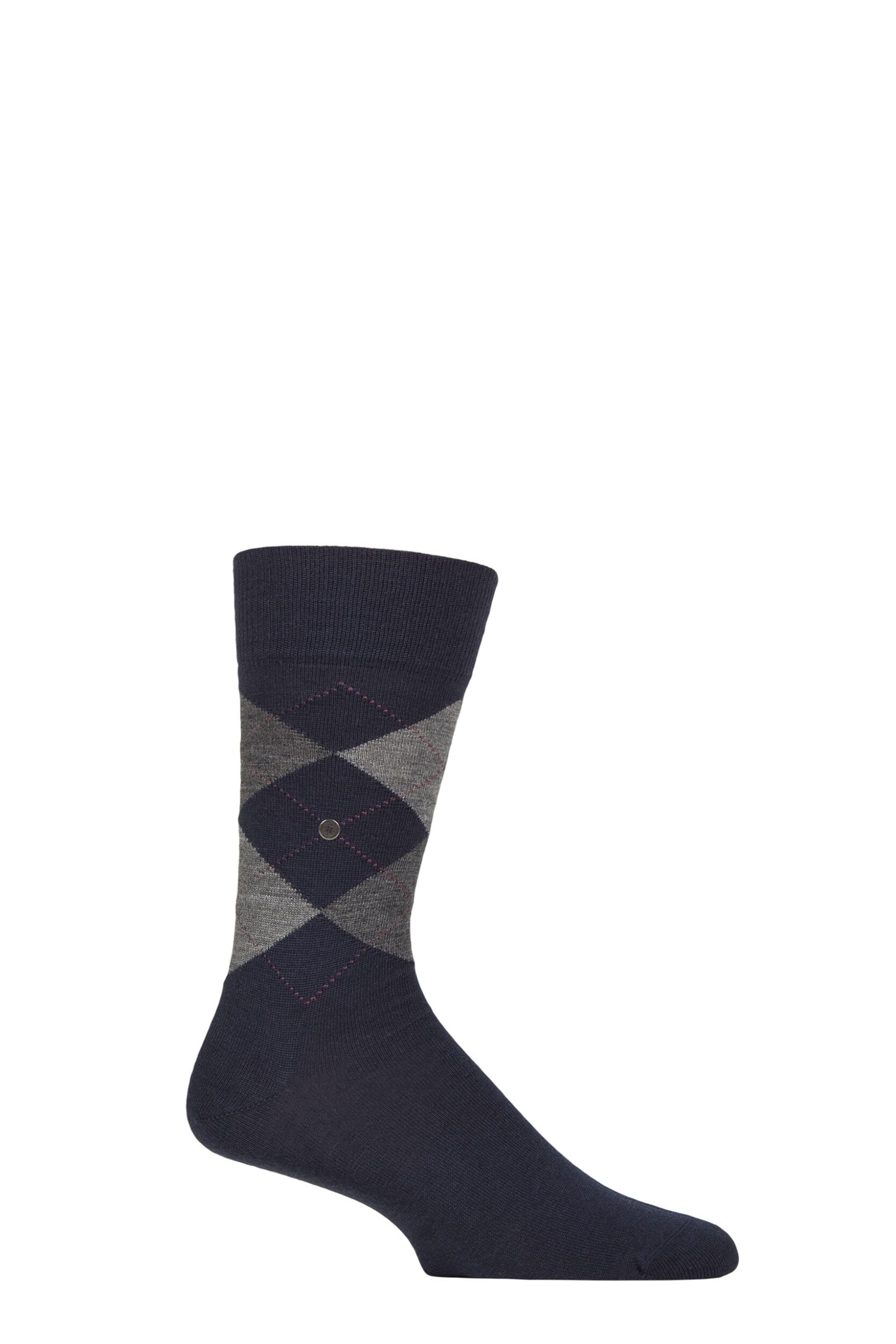 Image of Mens 1 Pair Burlington Edinburgh Virgin Wool Argyle Socks Navy Grey 6.5-11 Mens