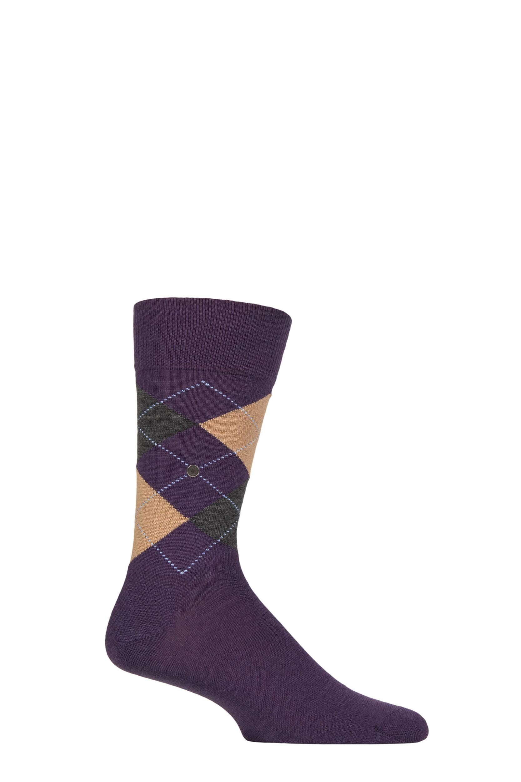 Image of Mens 1 Pair Burlington Edinburgh Virgin Wool Argyle Socks Purple / Beige 6.5-11 Mens