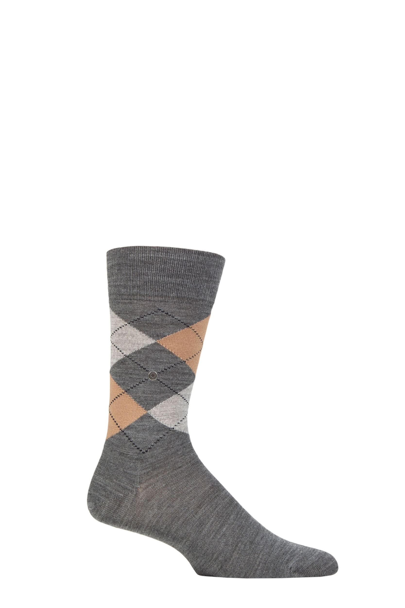 Image of Mens 1 Pair Burlington Edinburgh Virgin Wool Argyle Socks Grey / Browns 6.5-11 Mens