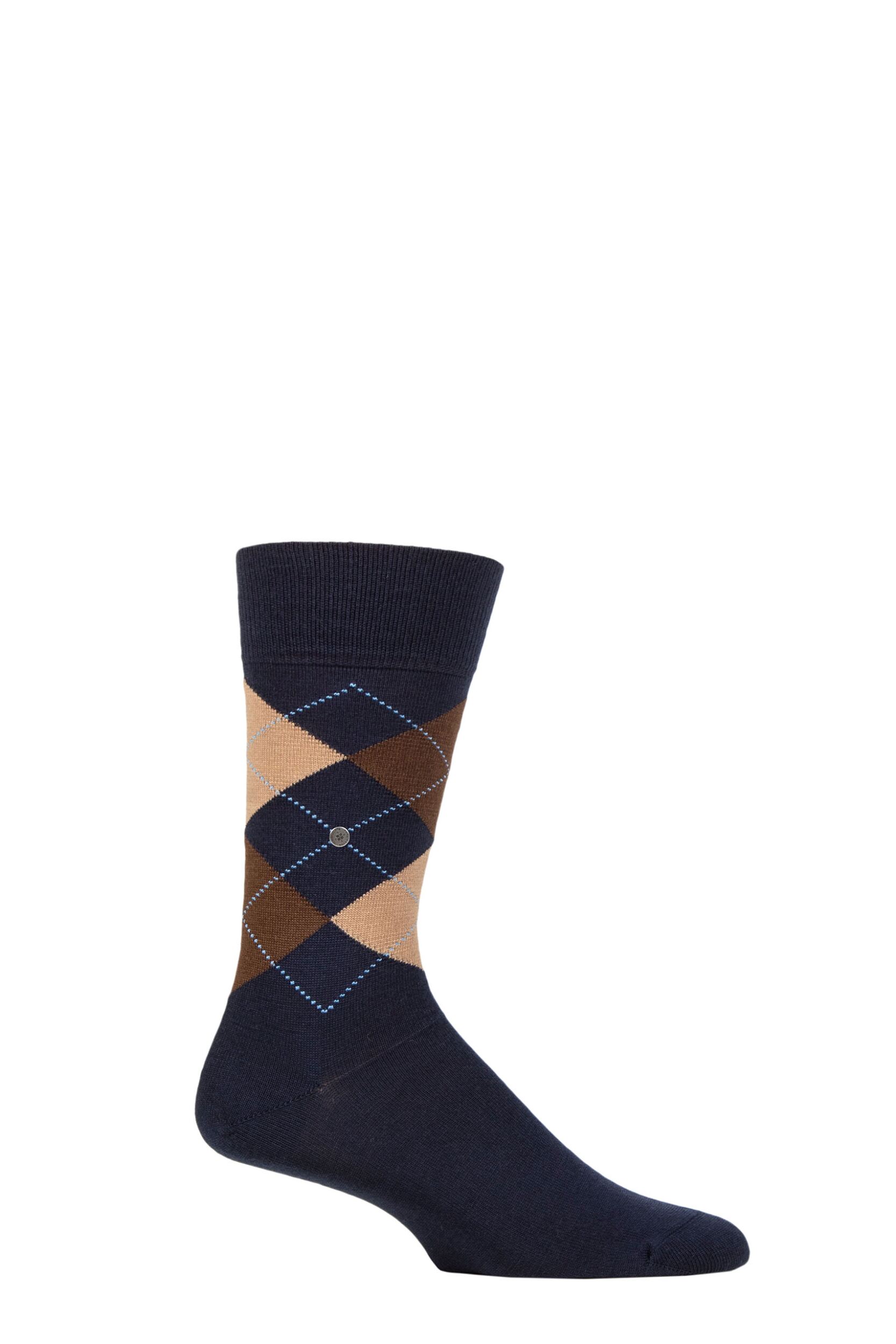 Image of Mens 1 Pair Burlington Edinburgh Virgin Wool Argyle Socks Navy / Browns 6.5-11 Mens
