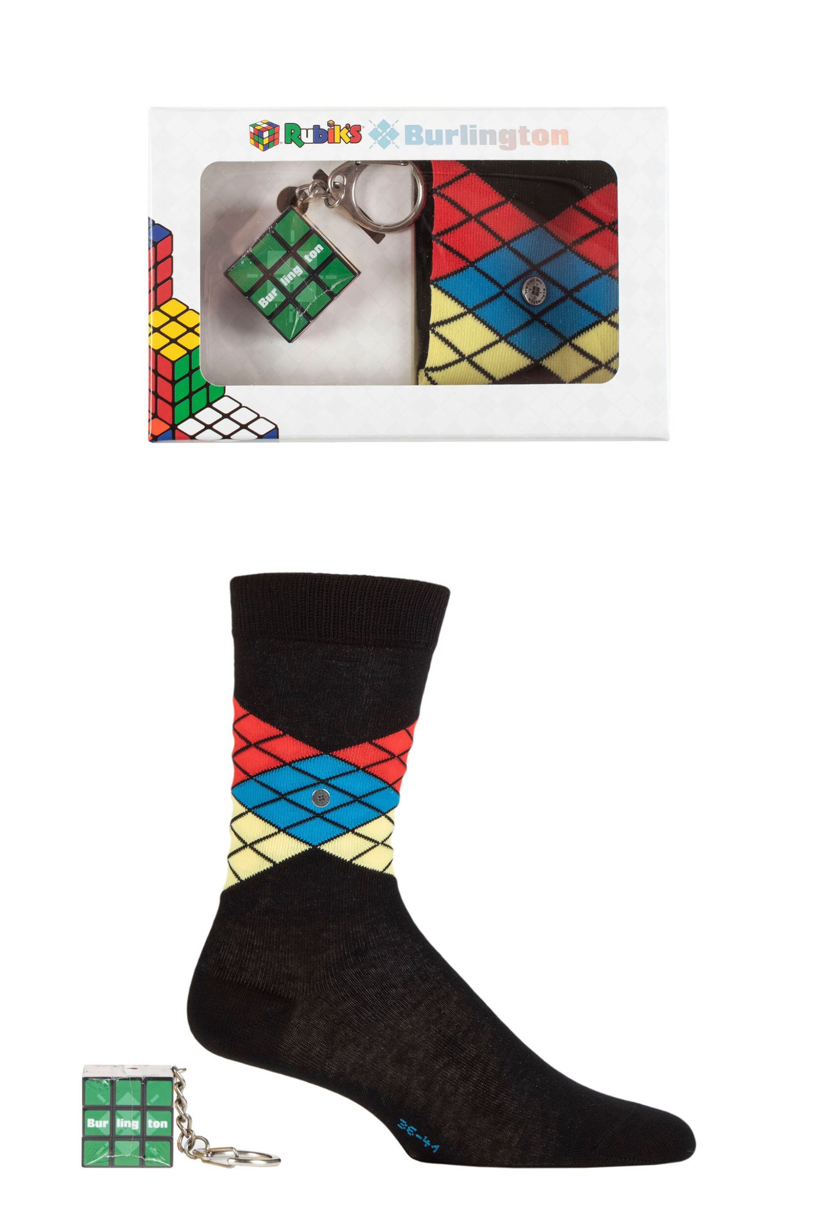 Mens 1 Pair Burlington Rubiks Cube Argyle Gift Boxed Cotton Socks with Keyring Argyle 6.5-11 Mens