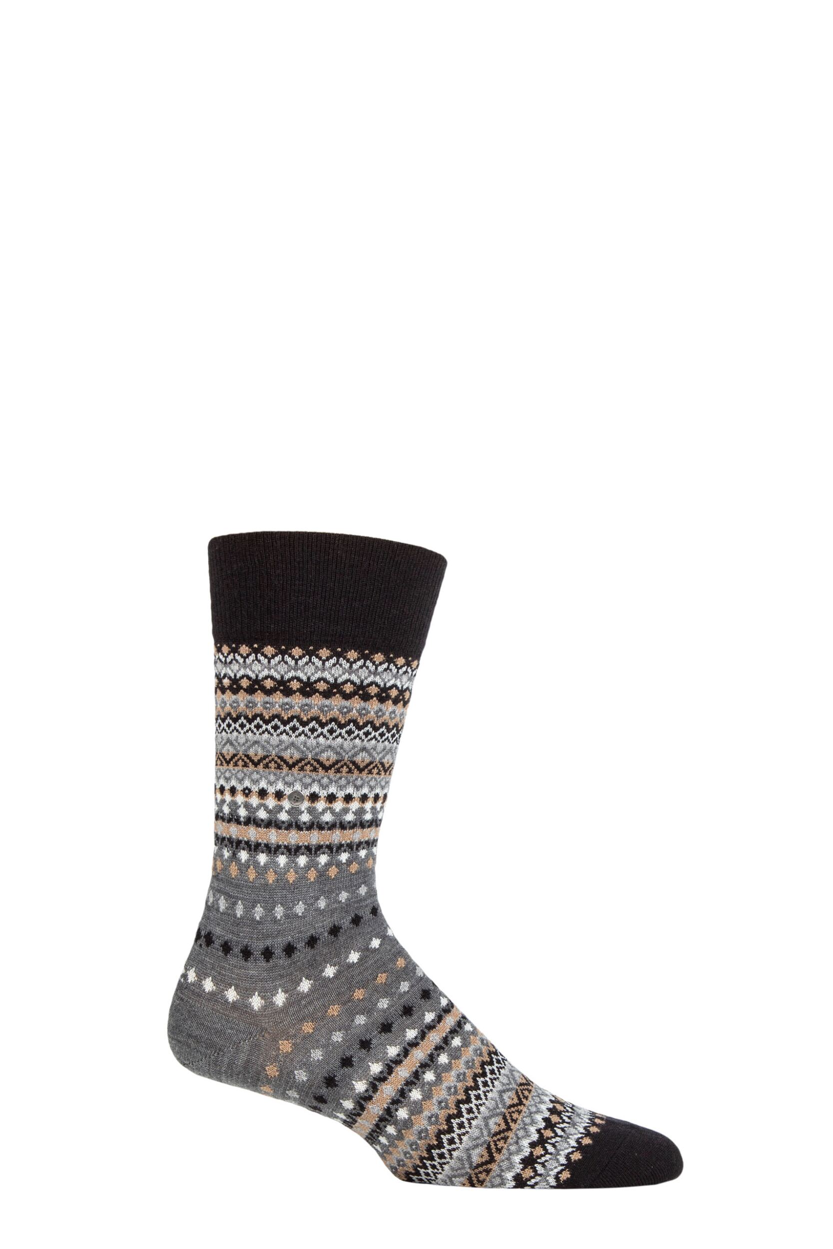 Mens 1 Pair Burlington Ancient Fair Isle Wool Socks Grey 6.5-11 Mens