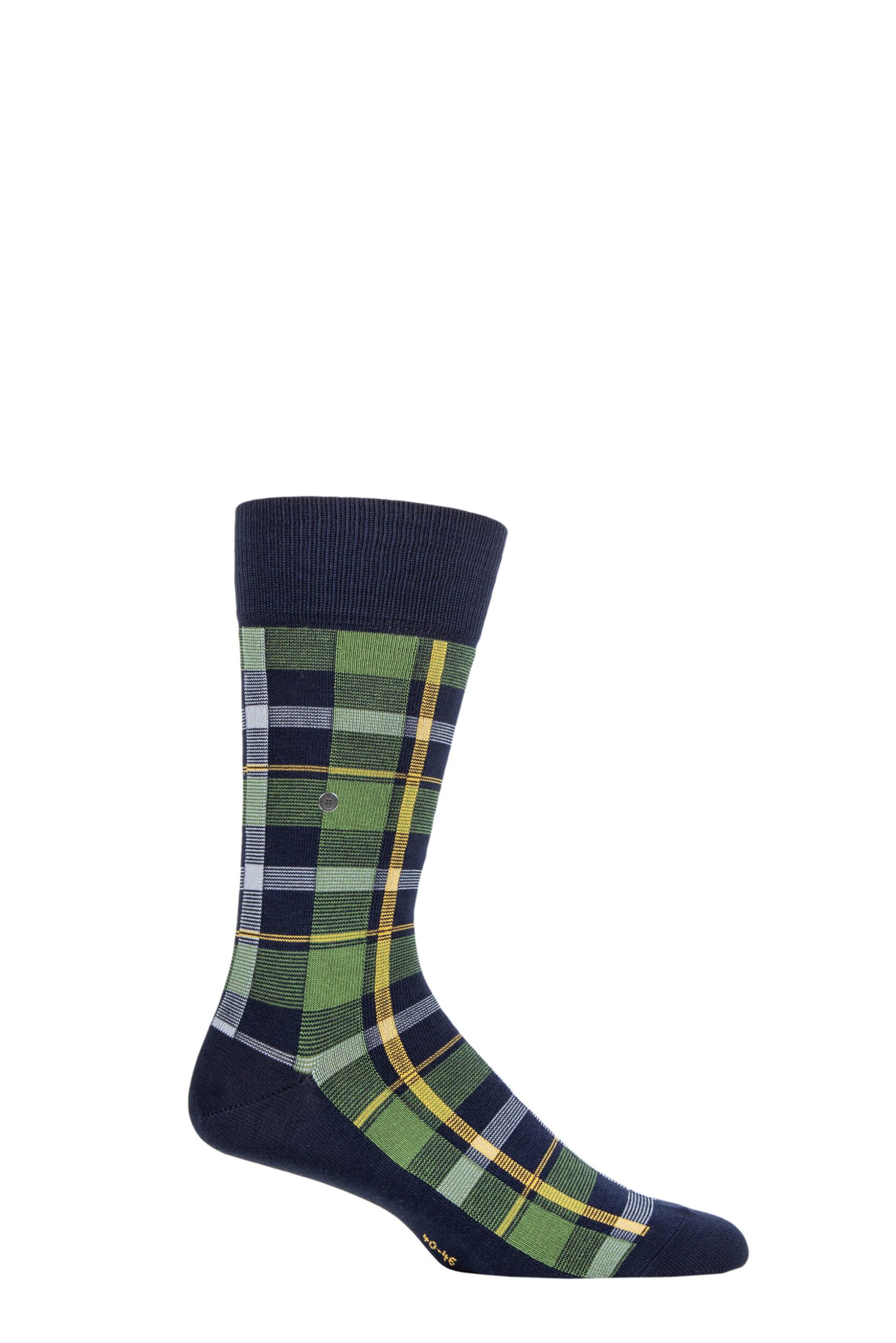 Mens 1 Pair Burlington Heritage Check Cotton Socks Navy / Green 6.5-11 Mens