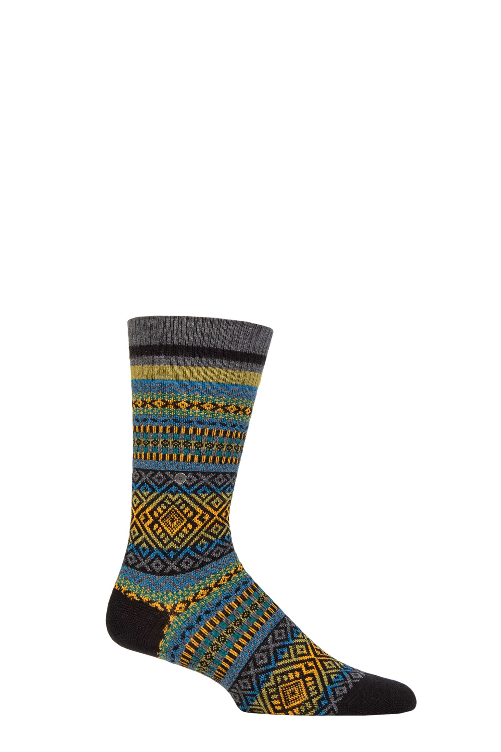 Mens 1 Pair Burlington All Over Fairisle Virgin Wool Socks Black 6.5-11 Mens