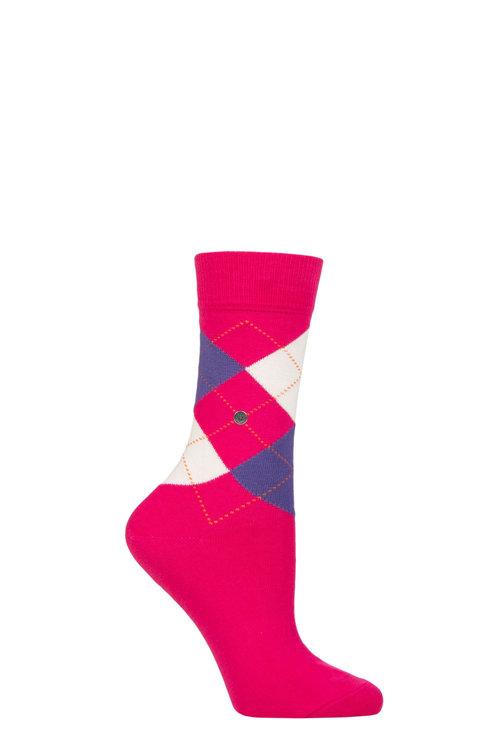 Women's 1 Pair Burlington Queen Argyle Cotton Socks Hot Pink 3.5-7 Ladies