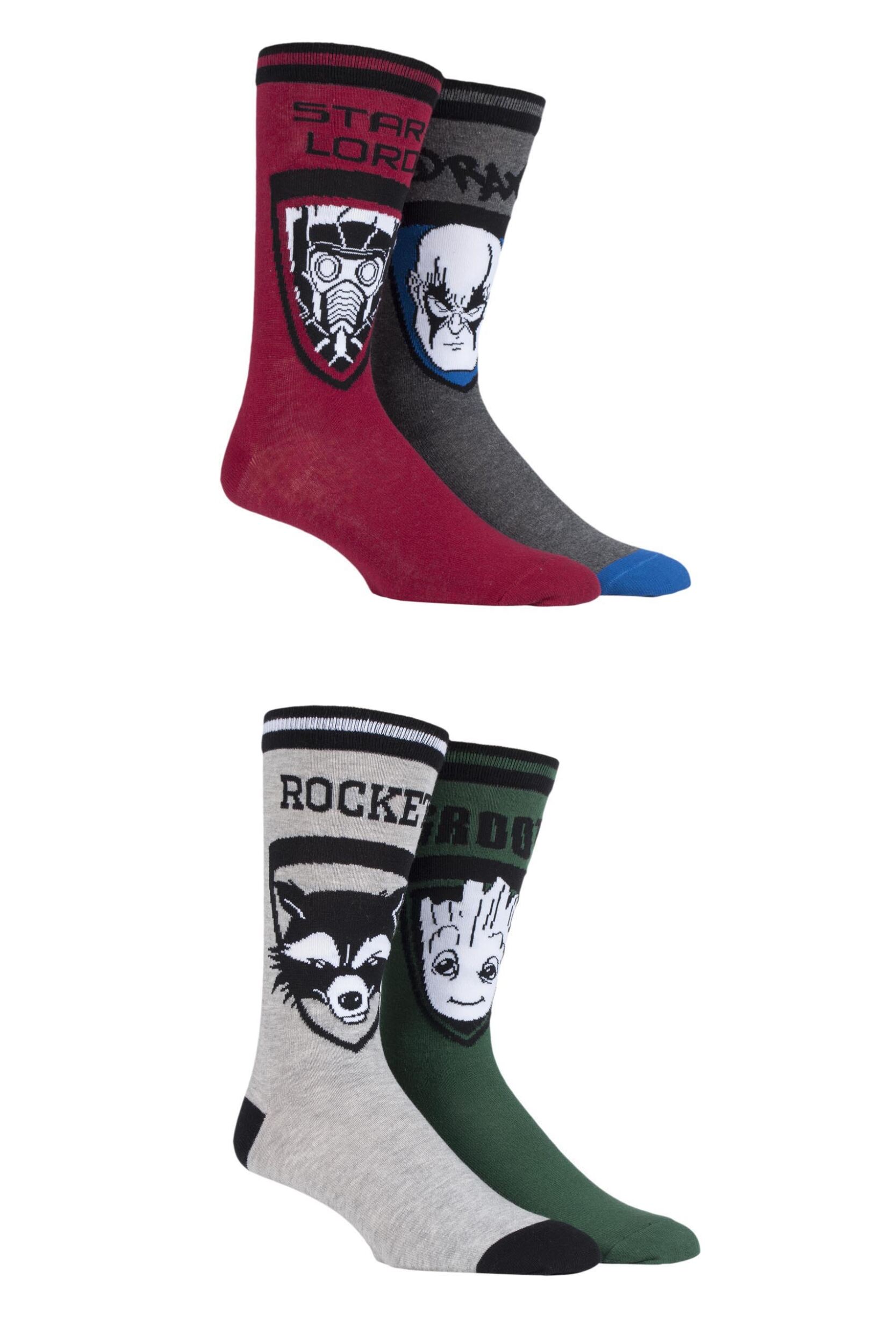 4 Pair Assorted Marvel Guardians of the Galaxy Groot, Rocket, Star-Lord and Drax Cotton Socks Men's 11-13 Mens - Film & TV Characters