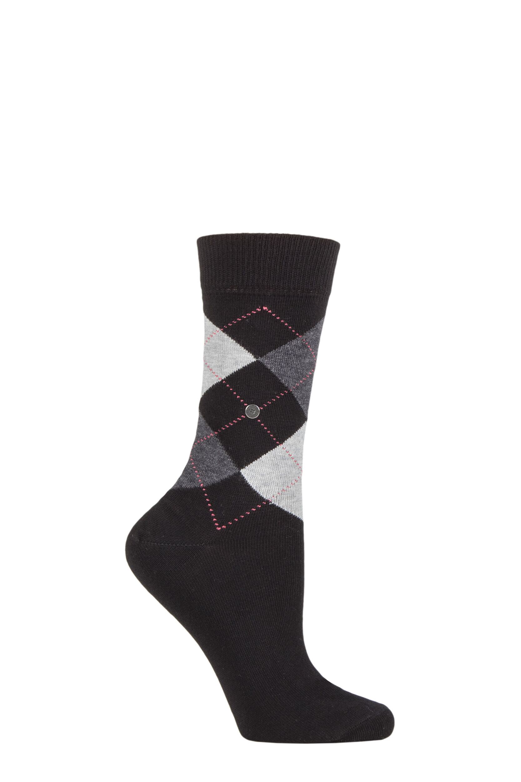 Women's 1 Pair Burlington Queen Argyle Cotton Socks Black / Grey 3.5-7 Ladies