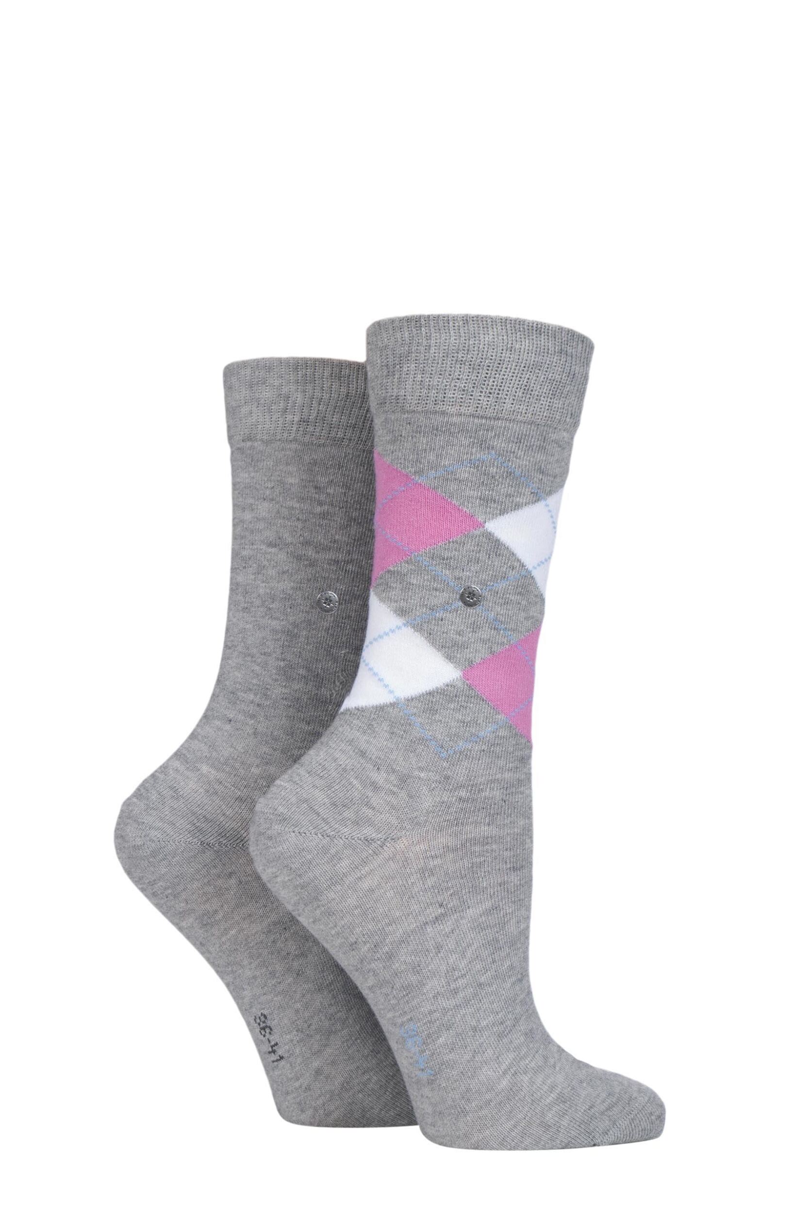 2 Pair Grey Everyday Mix Plain and Argyle Cotton Socks Ladies 2.5-6.5 Ladies - Burlington
