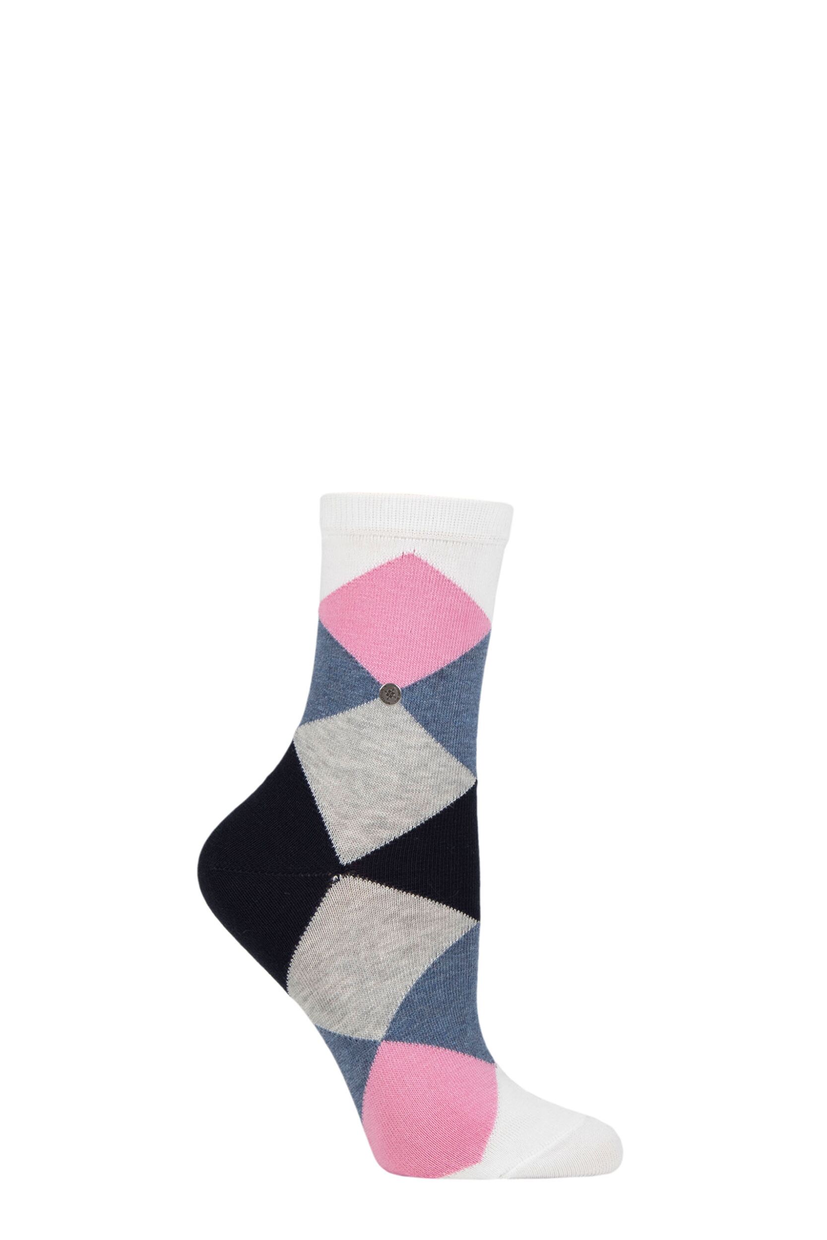 Women's 1 Pair Burlington Bonnie Cotton All Over Blend Argyle Socks Blue / Grey / Pink 3.5-7 Ladies