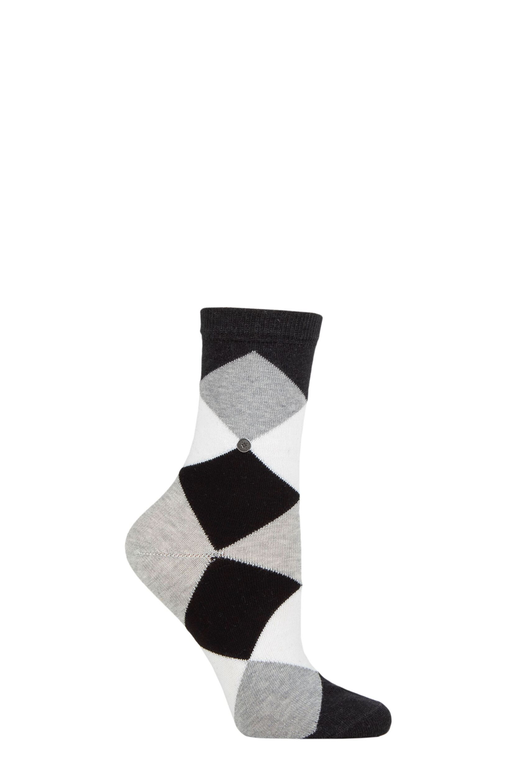 Women's 1 Pair Burlington Bonnie Cotton All Over Blend Argyle Socks Black / Grey / White 3.5-7