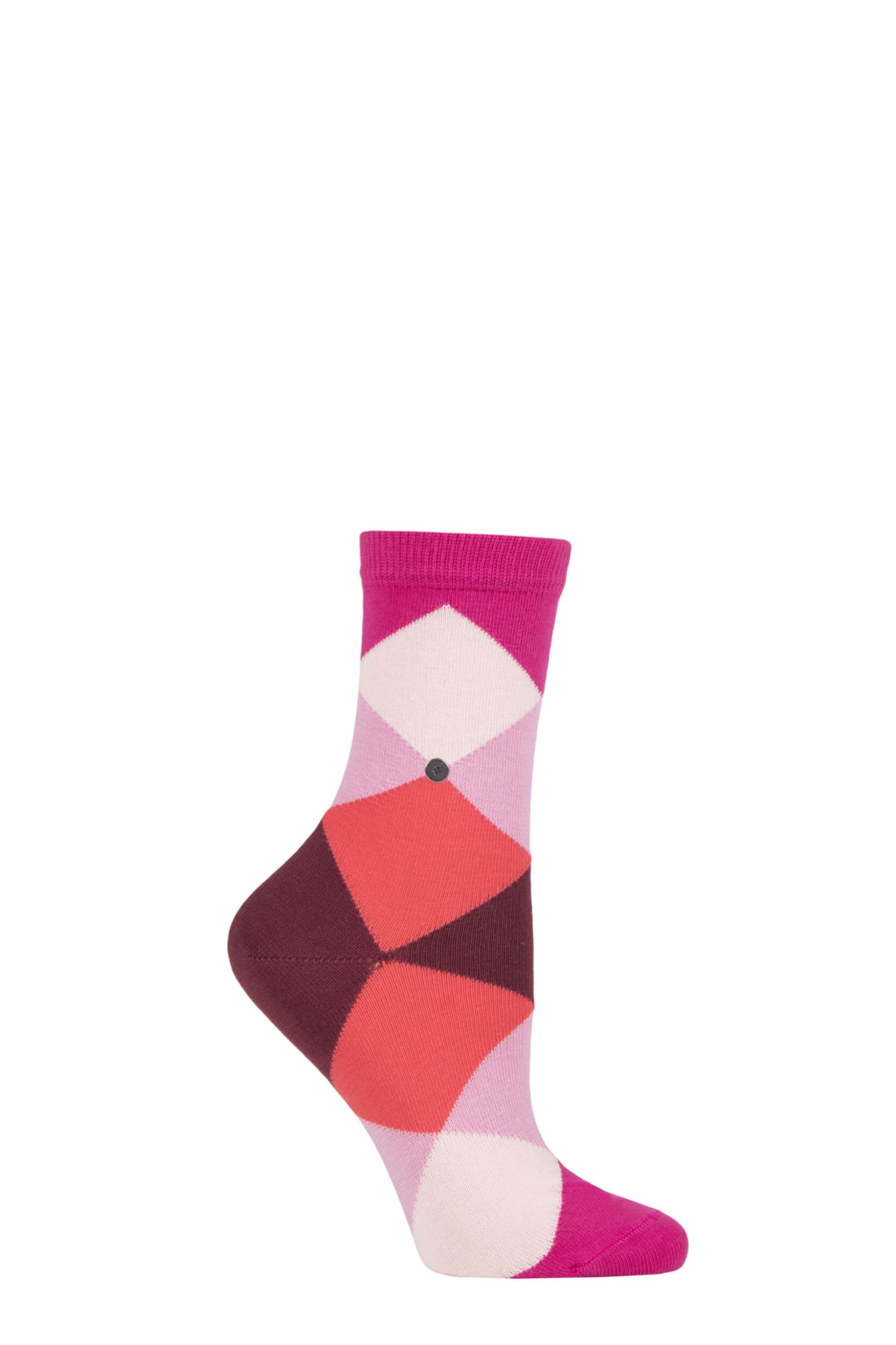 Women's 1 Pair Burlington Bonnie Cotton All Over Blend Argyle Socks Fuchsia 2.5-6.5 Ladies