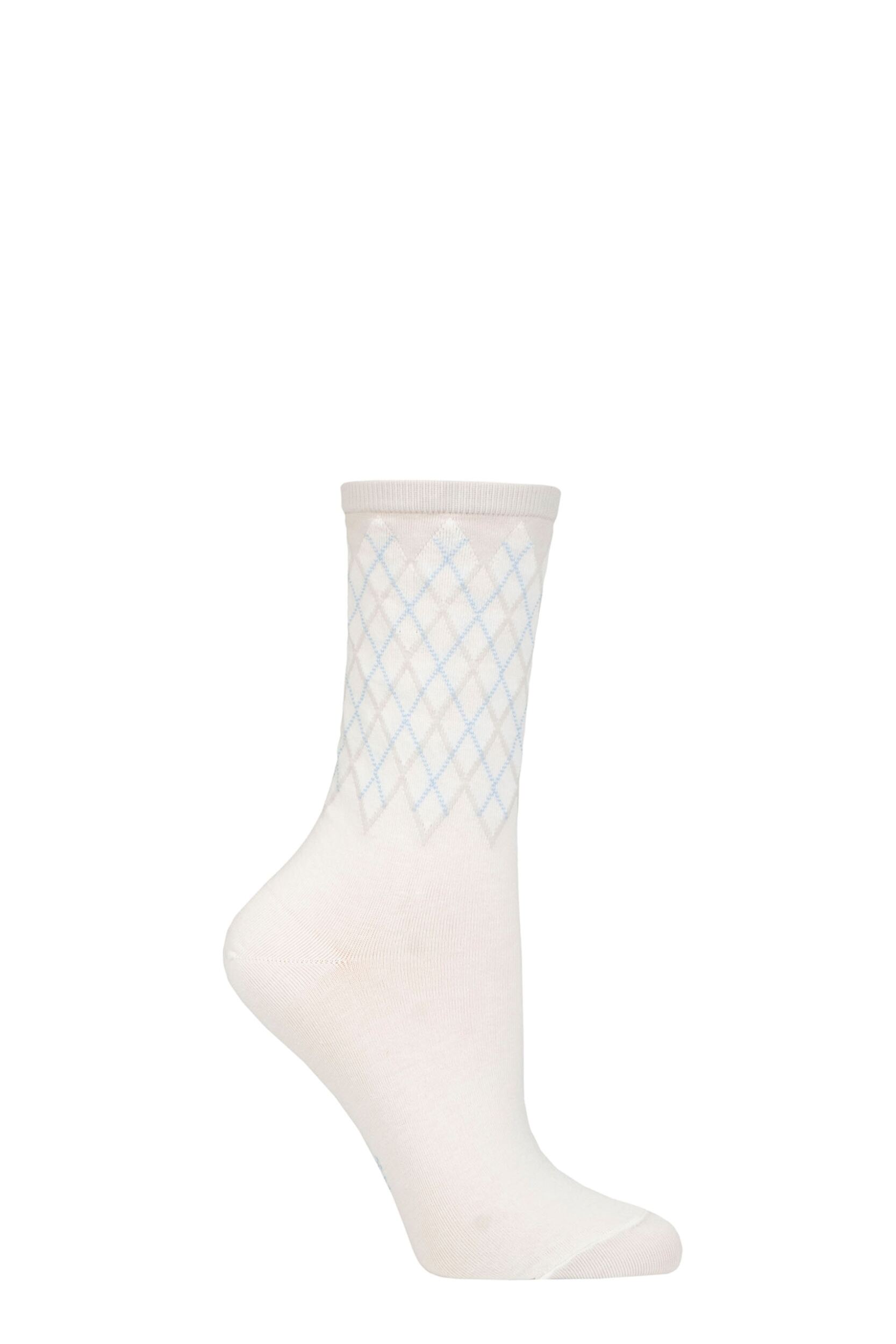 Women's 1 Pair Burlington Mayfair Cotton Argyle Topped Socks White 3.5-7 Ladies