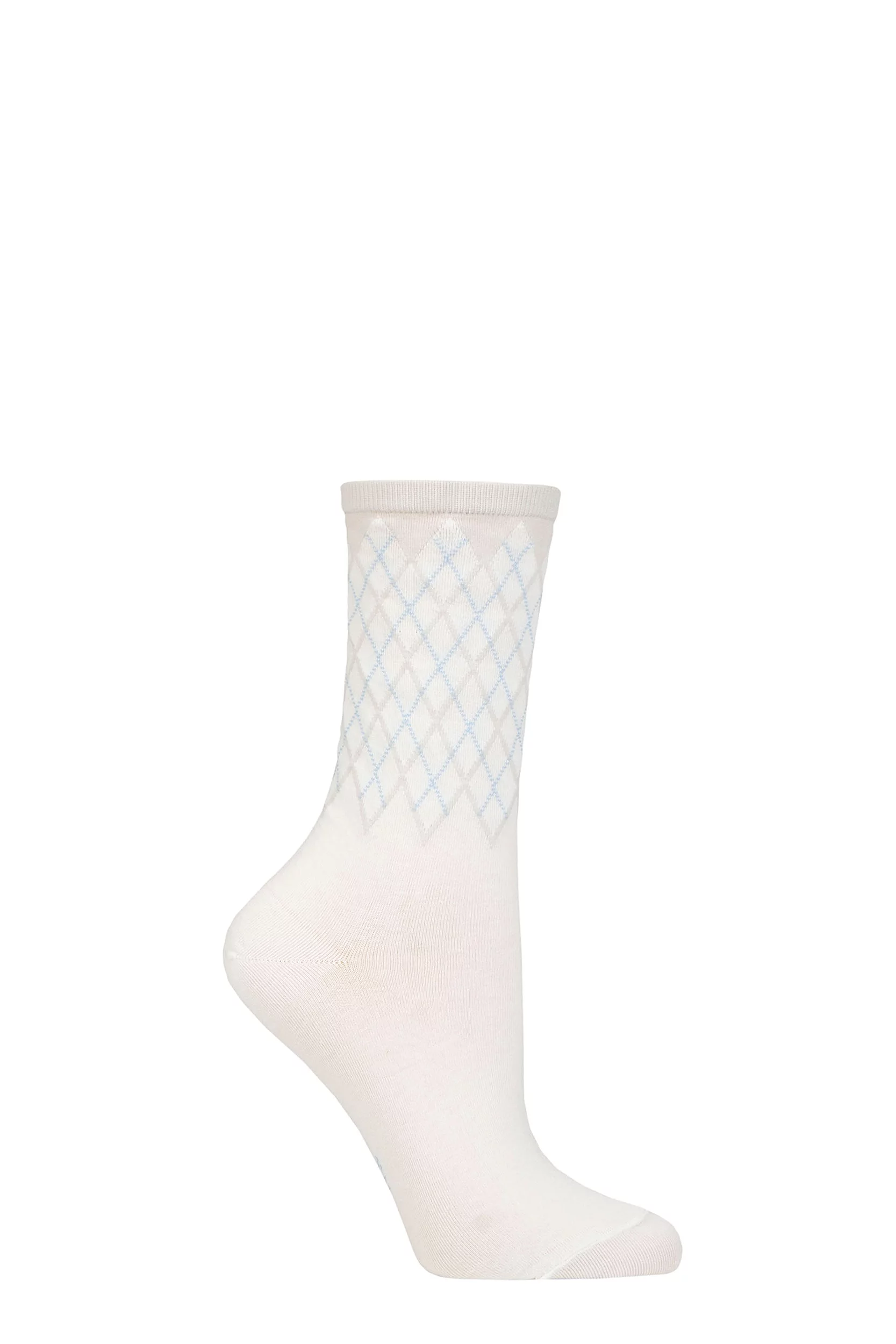 Women's 1 Pair Burlington Mayfair Cotton Argyle Topped Socks White 3.5-7 Ladies