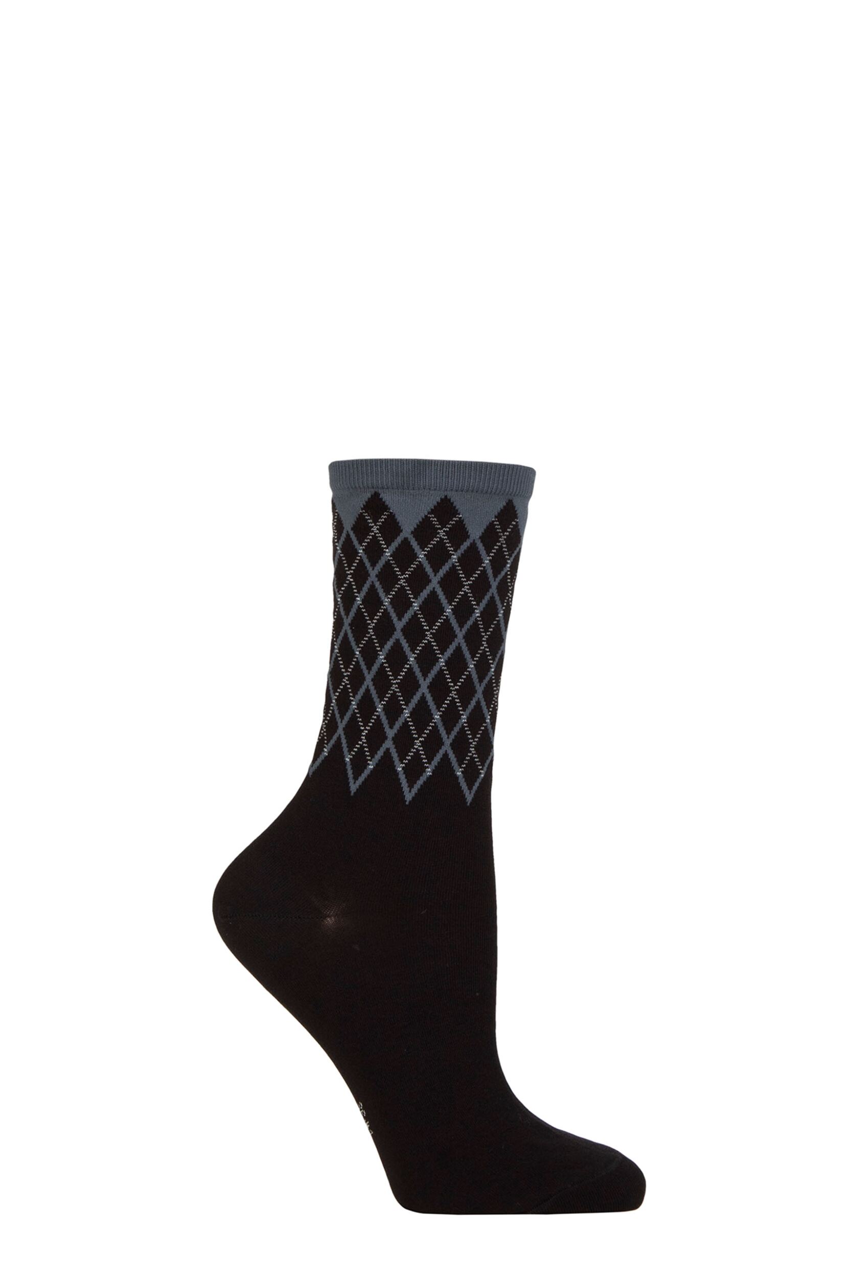 Women’s 1 Pair Burlington Mayfair Cotton Argyle Topped Socks Black 3.5-7 Ladies