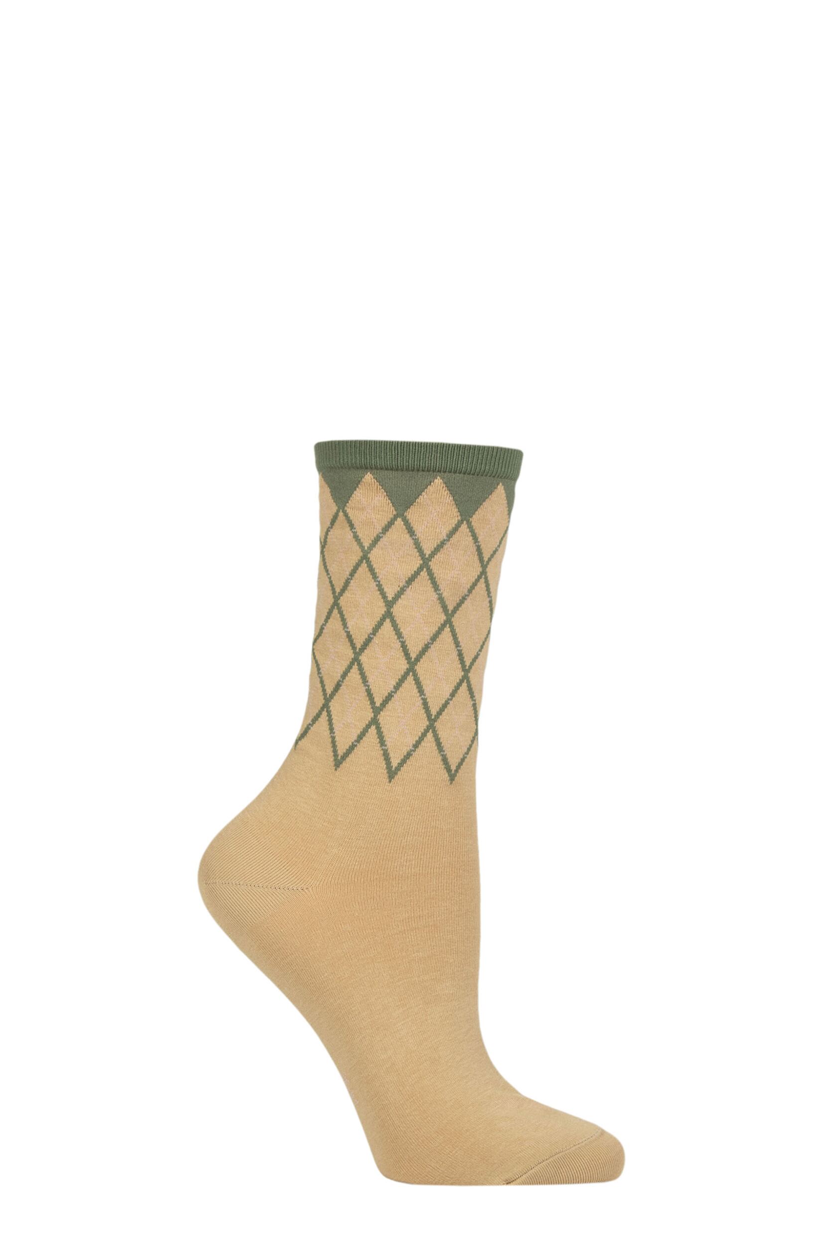 Women's 1 Pair Burlington Mayfair Cotton Argyle Topped Socks Beige 3.5-7 Ladies