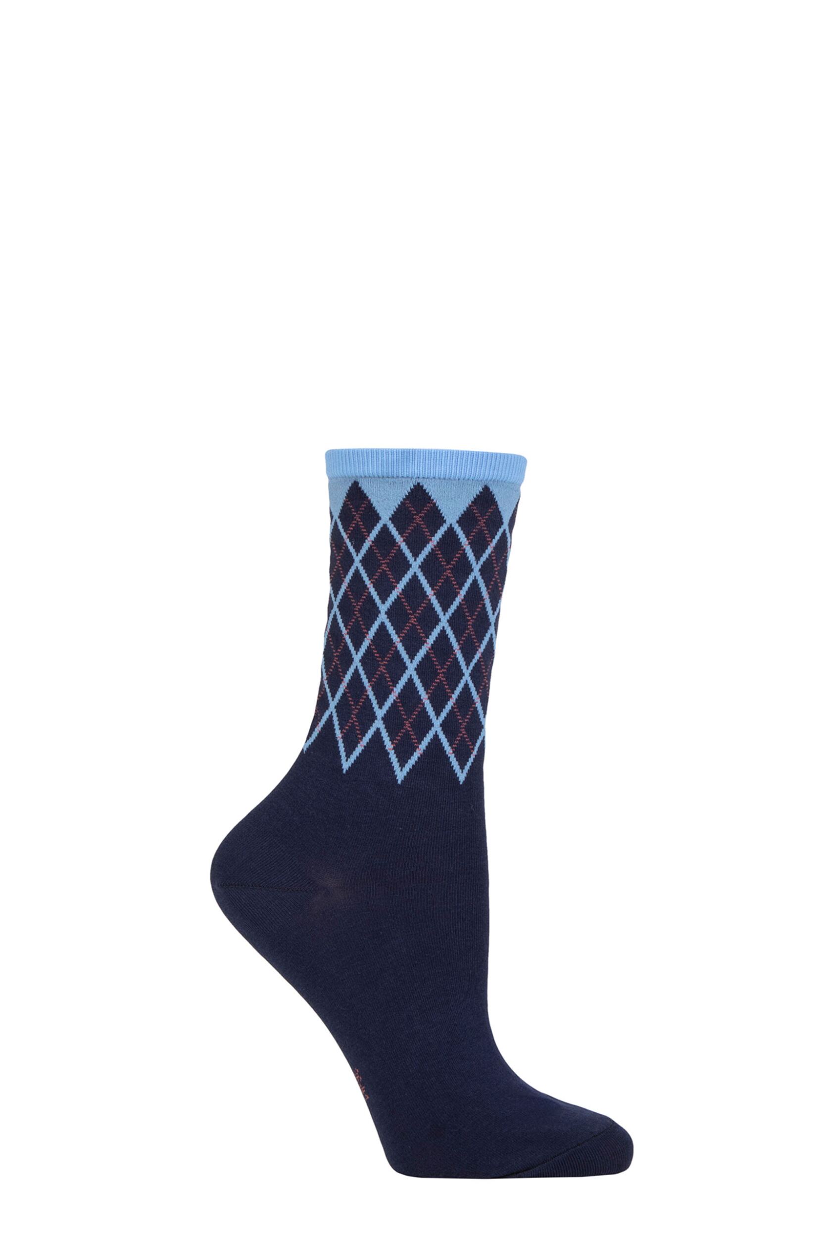Women's 1 Pair Burlington Mayfair Cotton Argyle Topped Socks Navy 3.5-7 Ladies